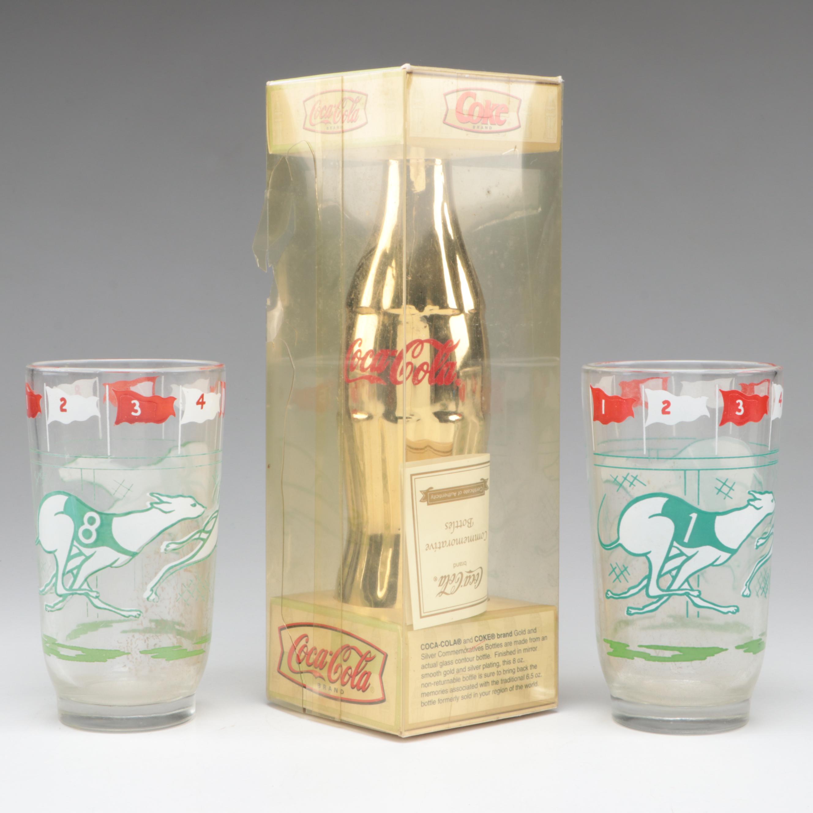 Coca-Cola 100th Anniversary Collectible Bottle with Greyhound Racing Tumblers