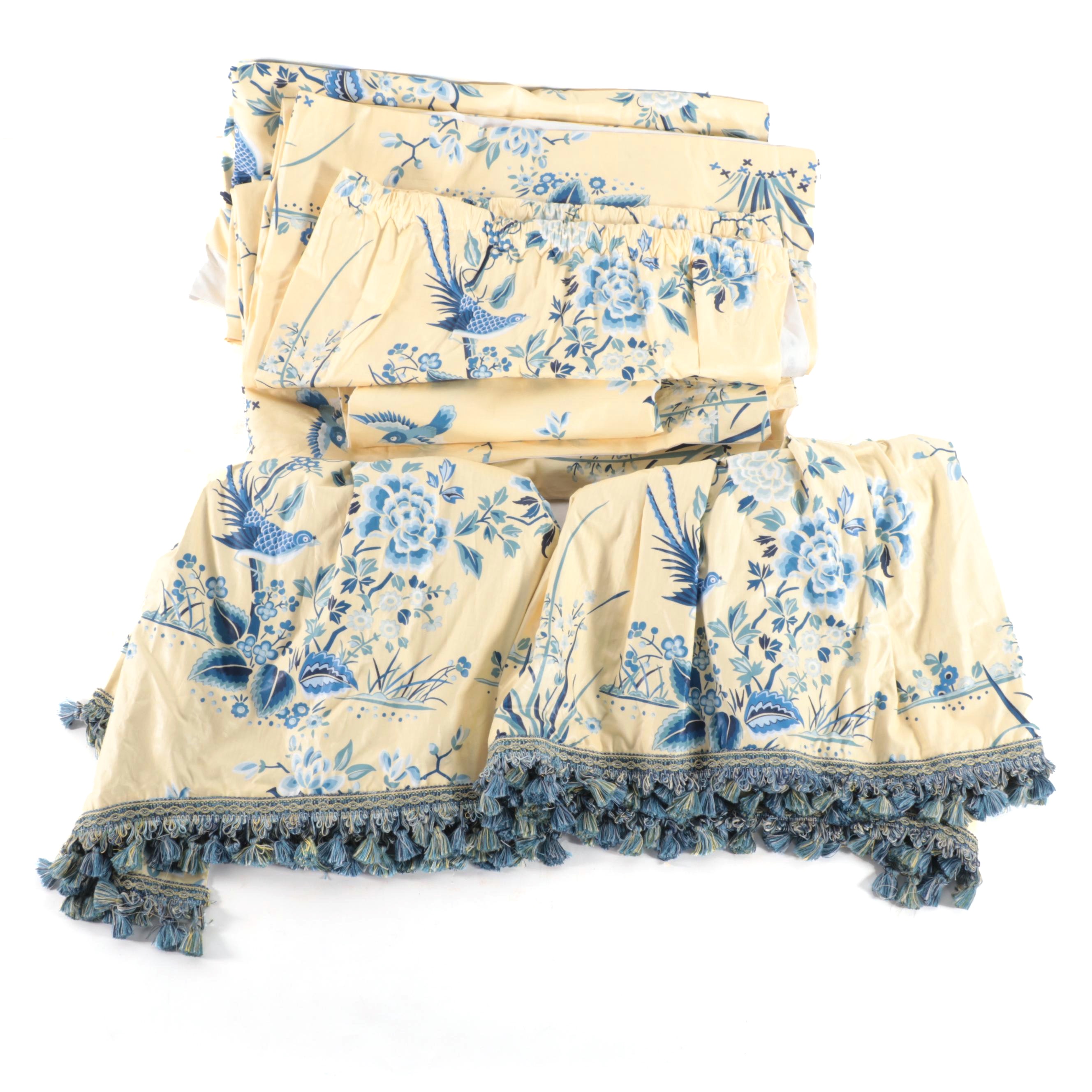 Cotton Chintz Rod Pocket Draperies with Matching Valances and Tassel Trim
