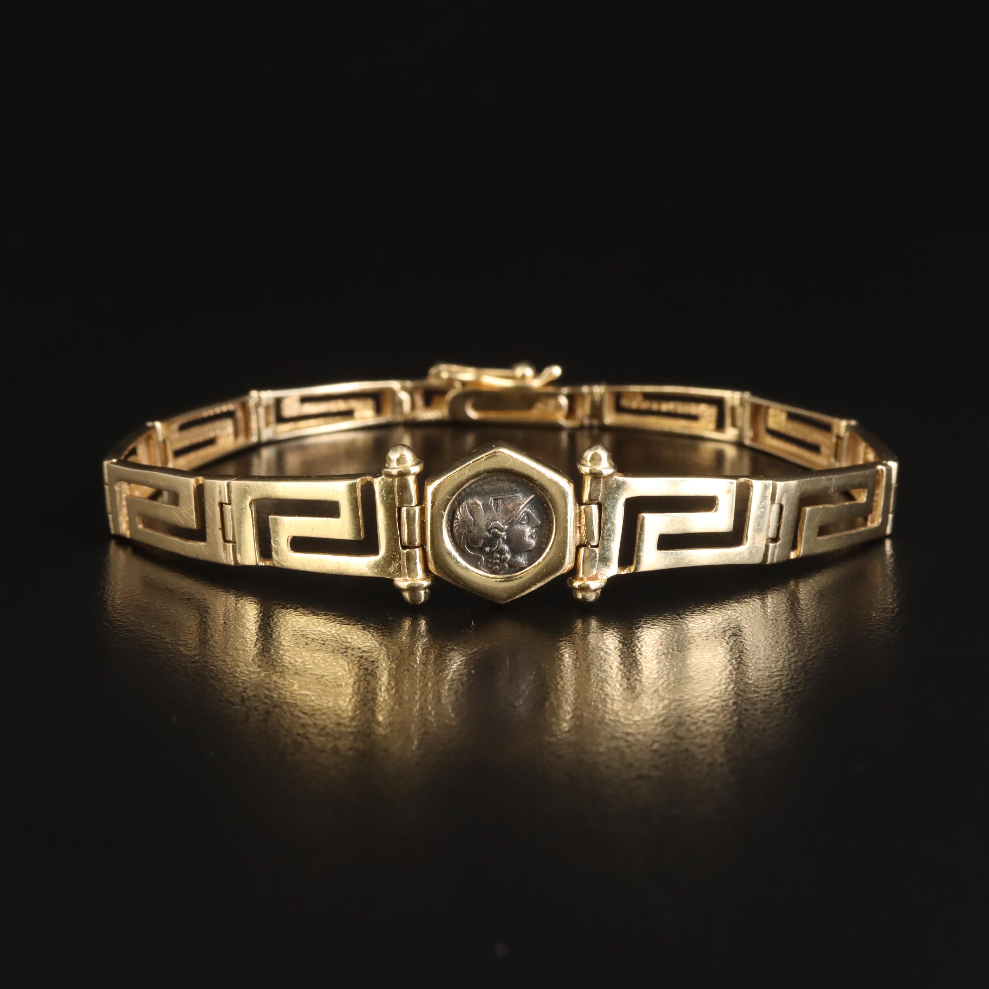 14K Graduated Greek Key Link Bracelet Holding Reproduction Ancient Greek Coin