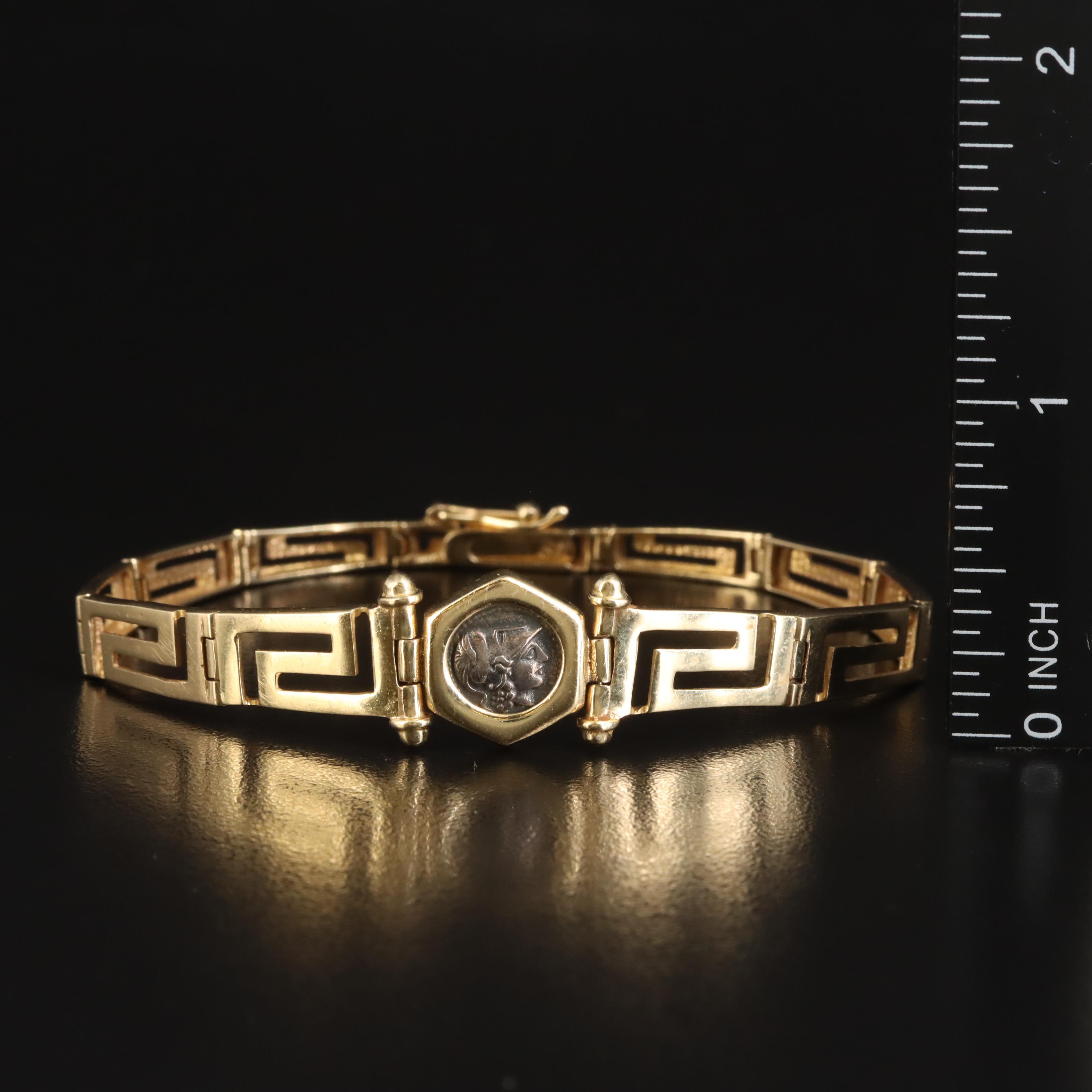 14K Graduated Greek Key Link Bracelet Holding Reproduction Ancient Greek Coin