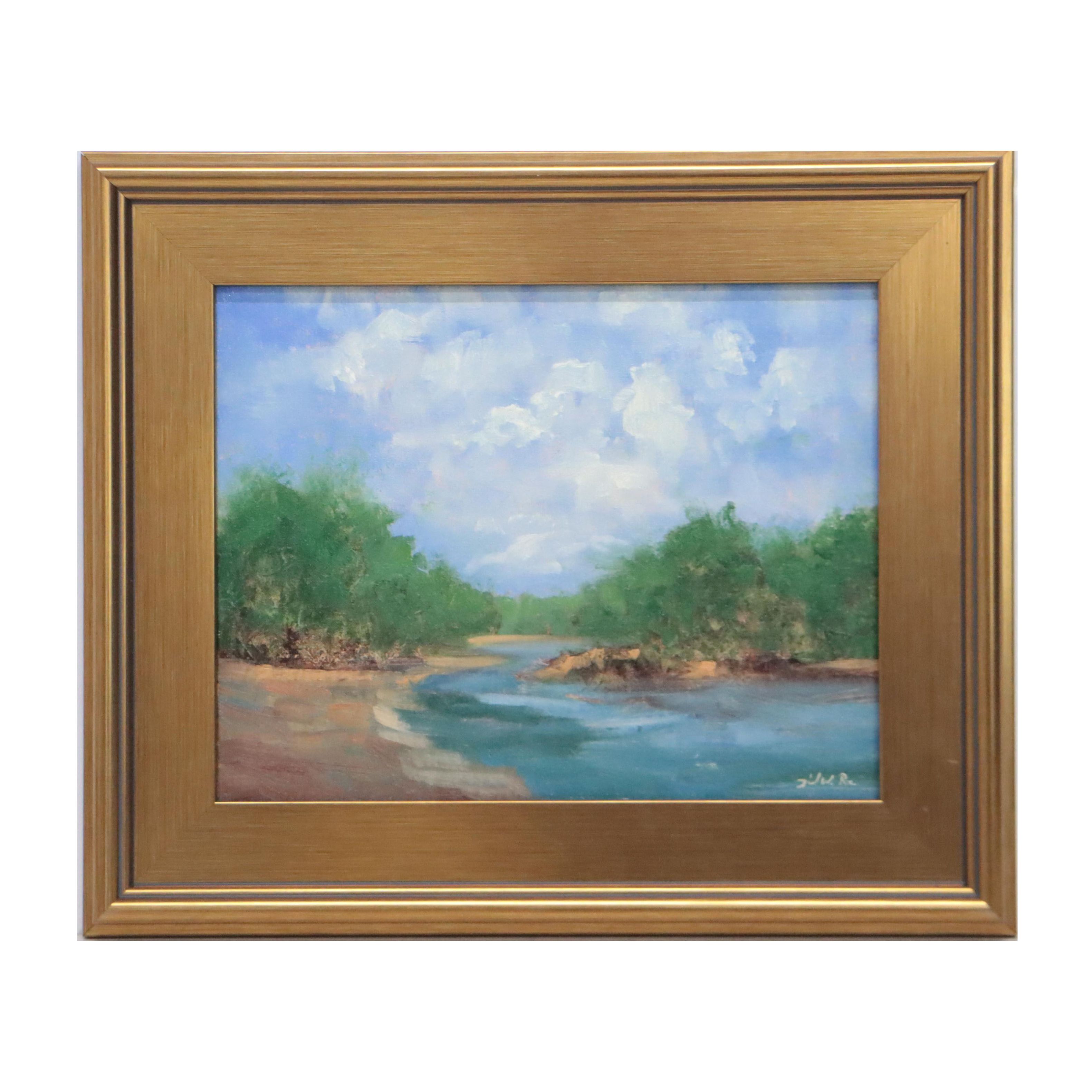 David W. Poe River Landscape Oil Painting, 21st Century