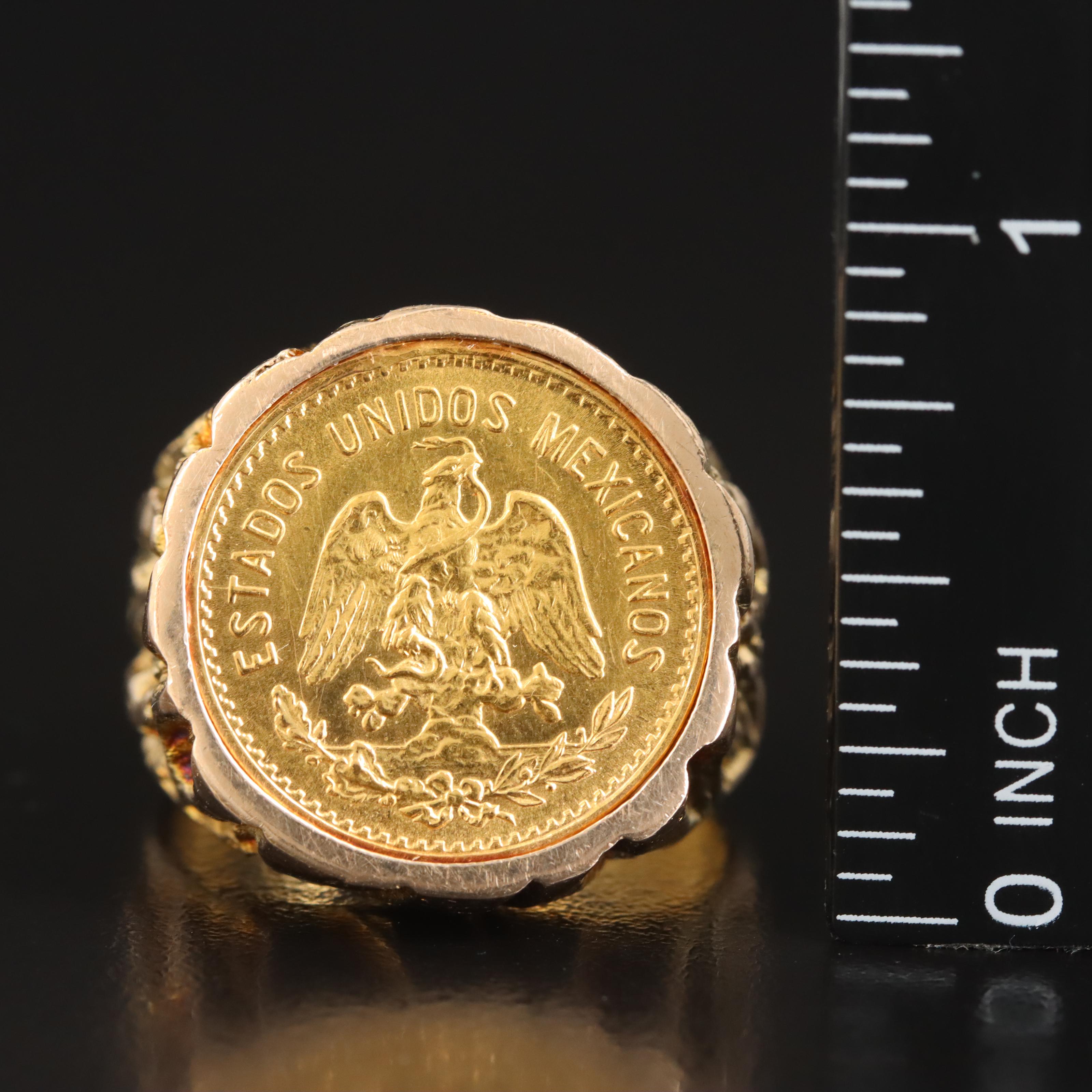 14K Nugget Style Ring Holding 1955 Mexican Cinco Pesos Gold Coin