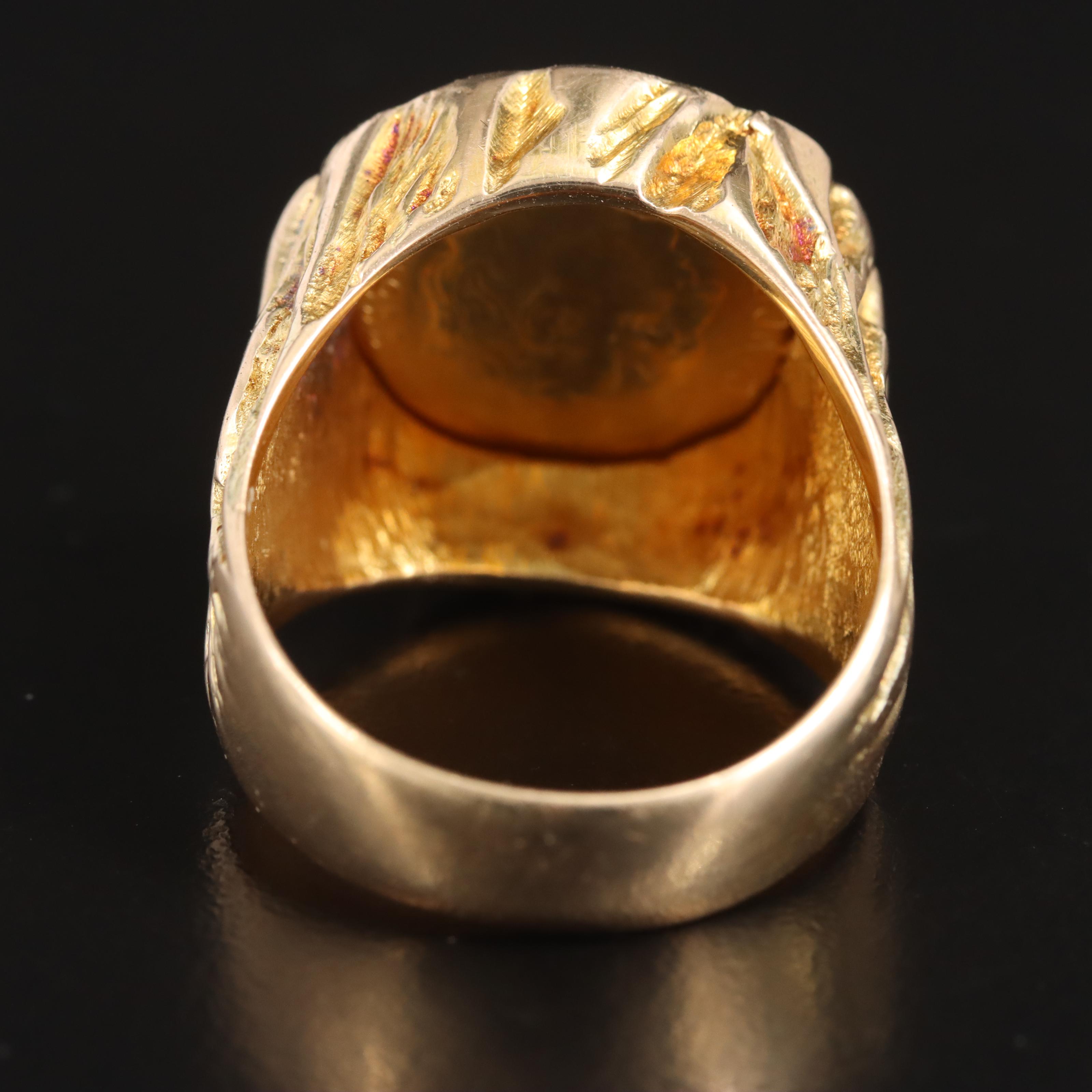 14K Nugget Style Ring Holding 1955 Mexican Cinco Pesos Gold Coin
