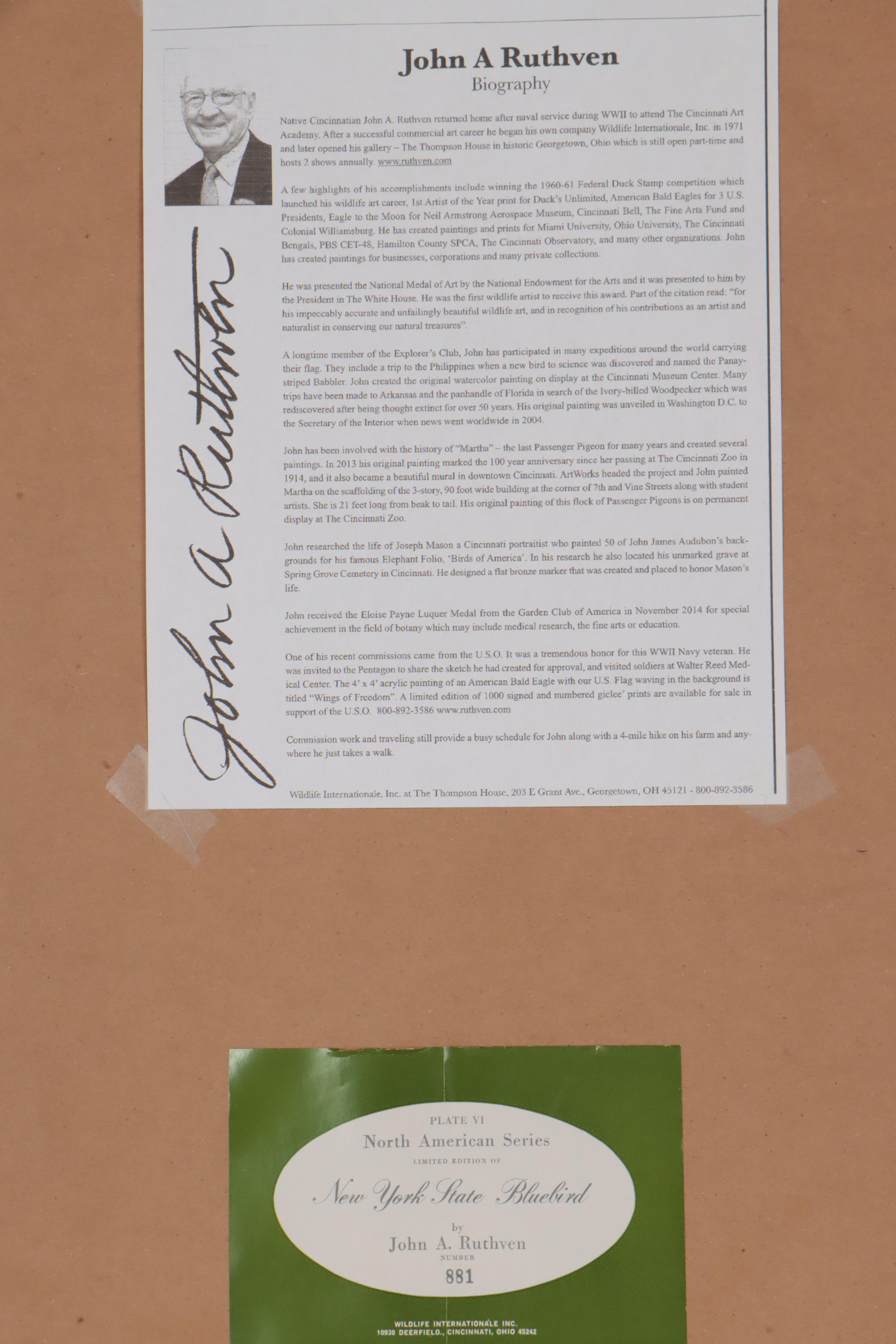 John Ruthven Offset Lithograph "New York State Bluebird"