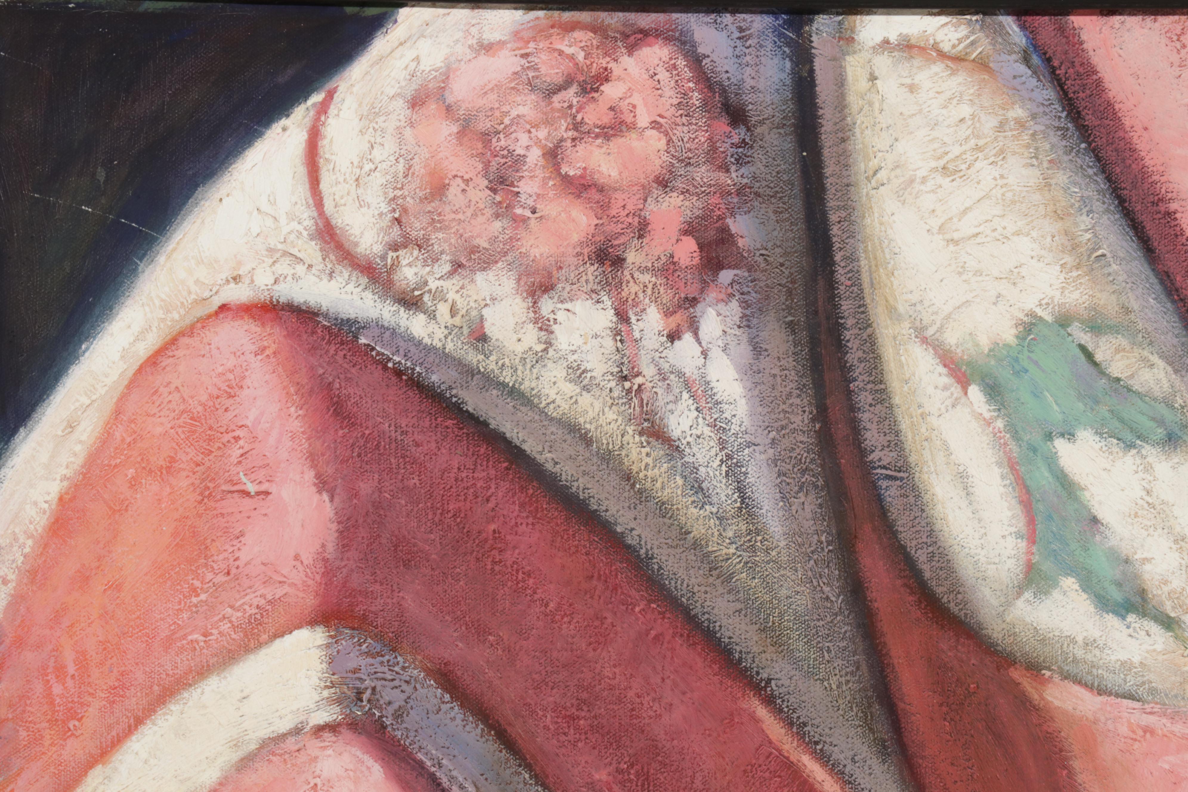 J. Diehl Still Life Oil Painting of Blanket on Rattan Chair, Circa 2000