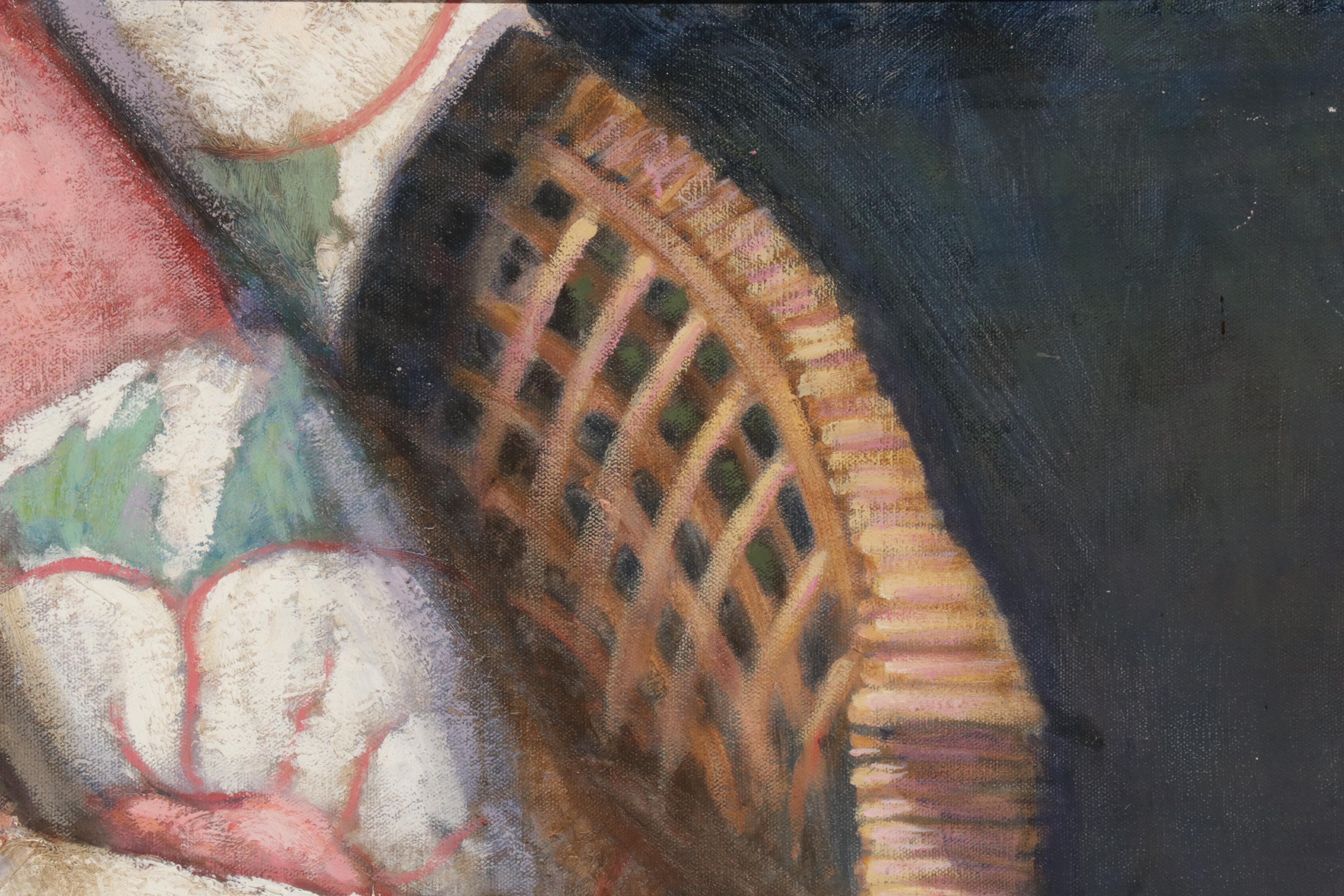 J. Diehl Still Life Oil Painting of Blanket on Rattan Chair, Circa 2000