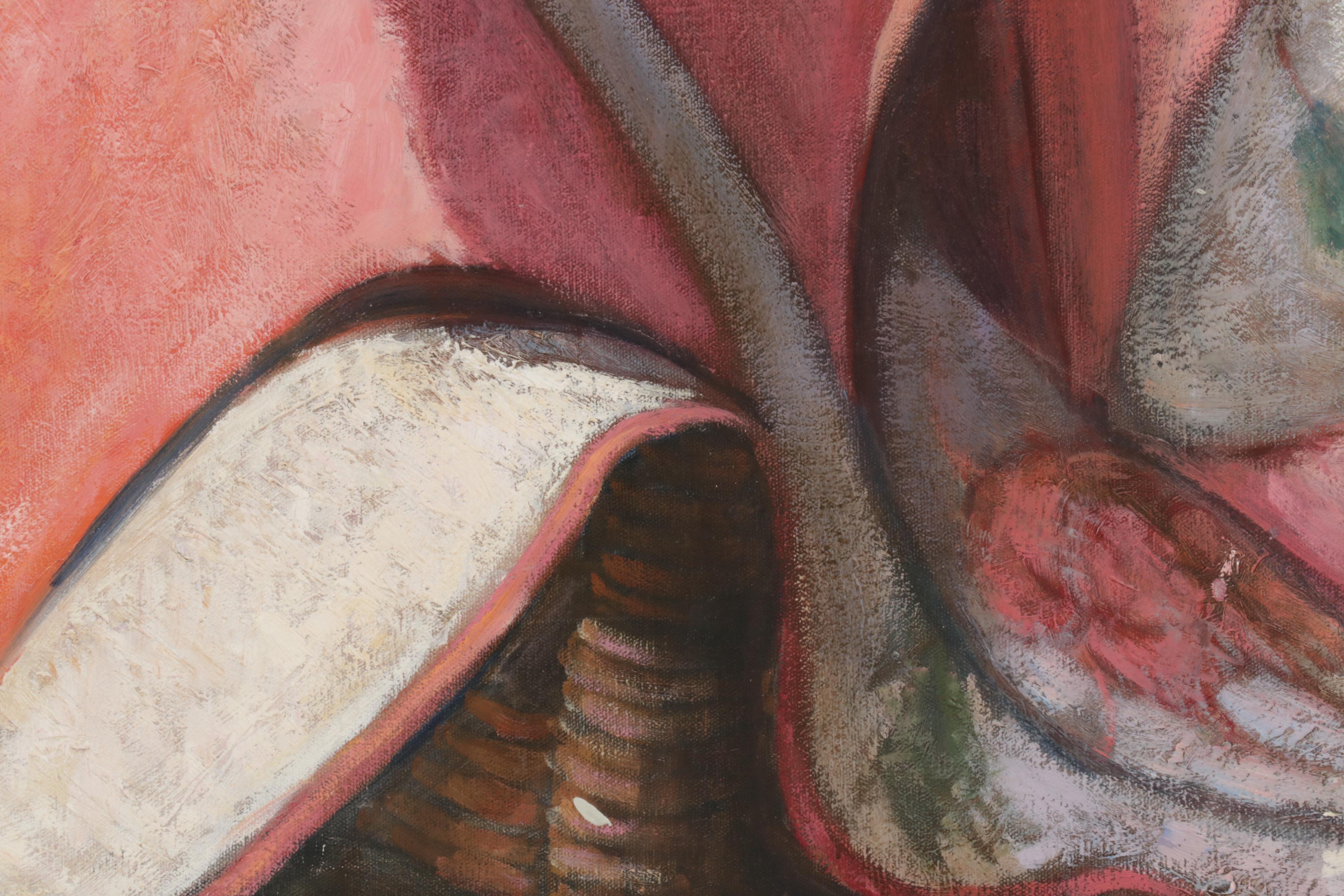 J. Diehl Still Life Oil Painting of Blanket on Rattan Chair, Circa 2000