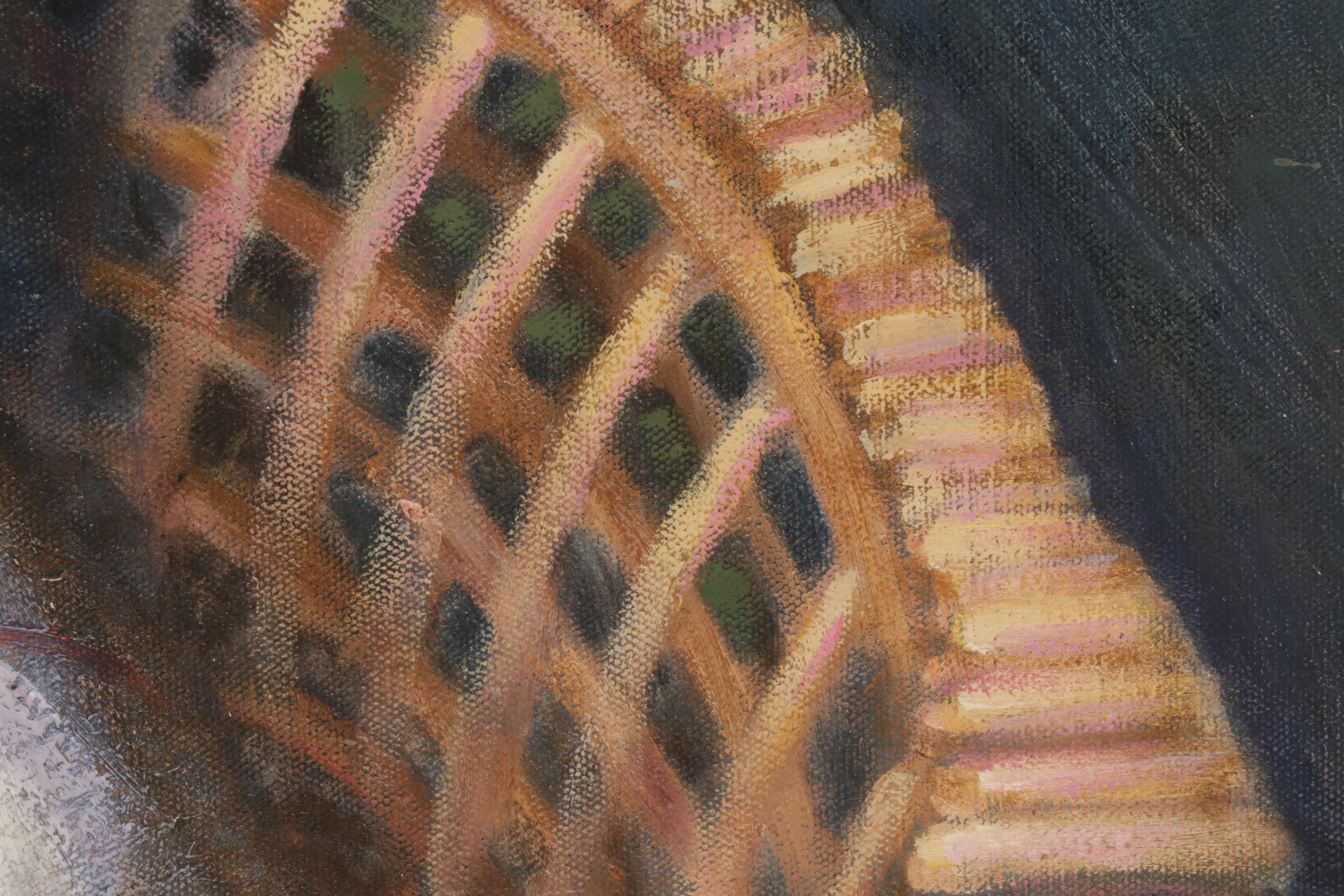 J. Diehl Still Life Oil Painting of Blanket on Rattan Chair, Circa 2000