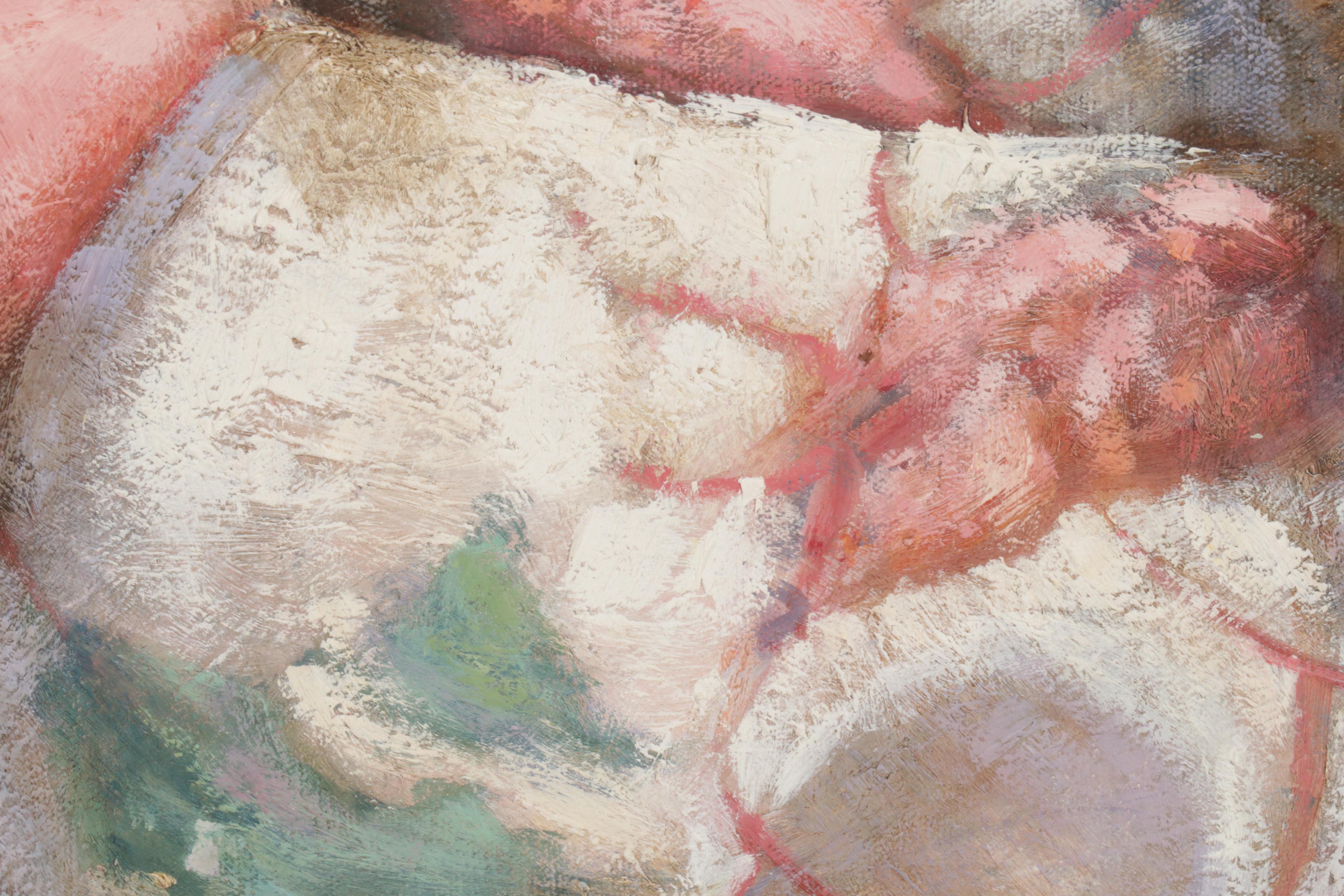 J. Diehl Still Life Oil Painting of Blanket on Rattan Chair, Circa 2000