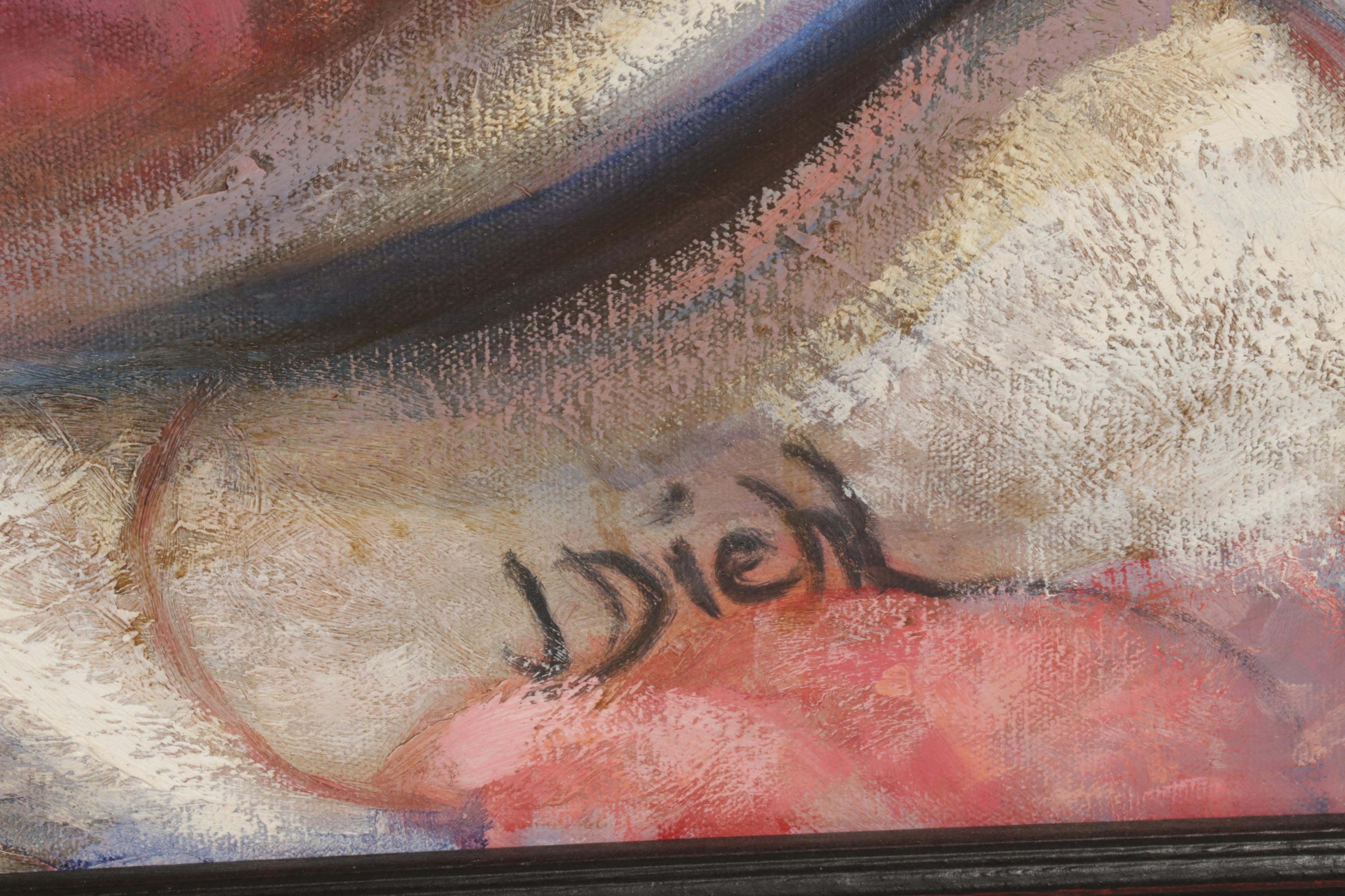 J. Diehl Still Life Oil Painting of Blanket on Rattan Chair, Circa 2000