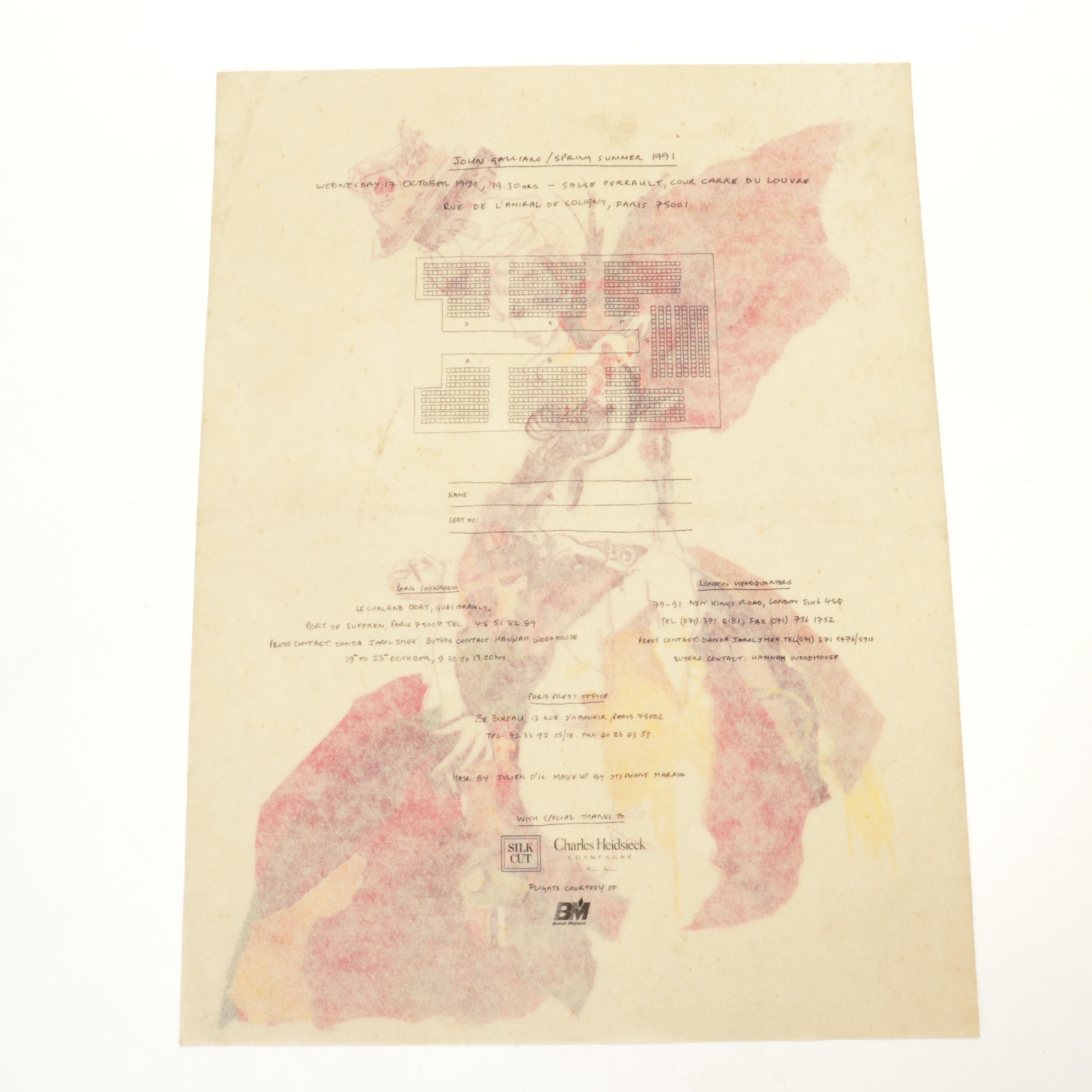 John Galliano "Spring Summer 1991" Fashion Show Giclée Invitation, 1990