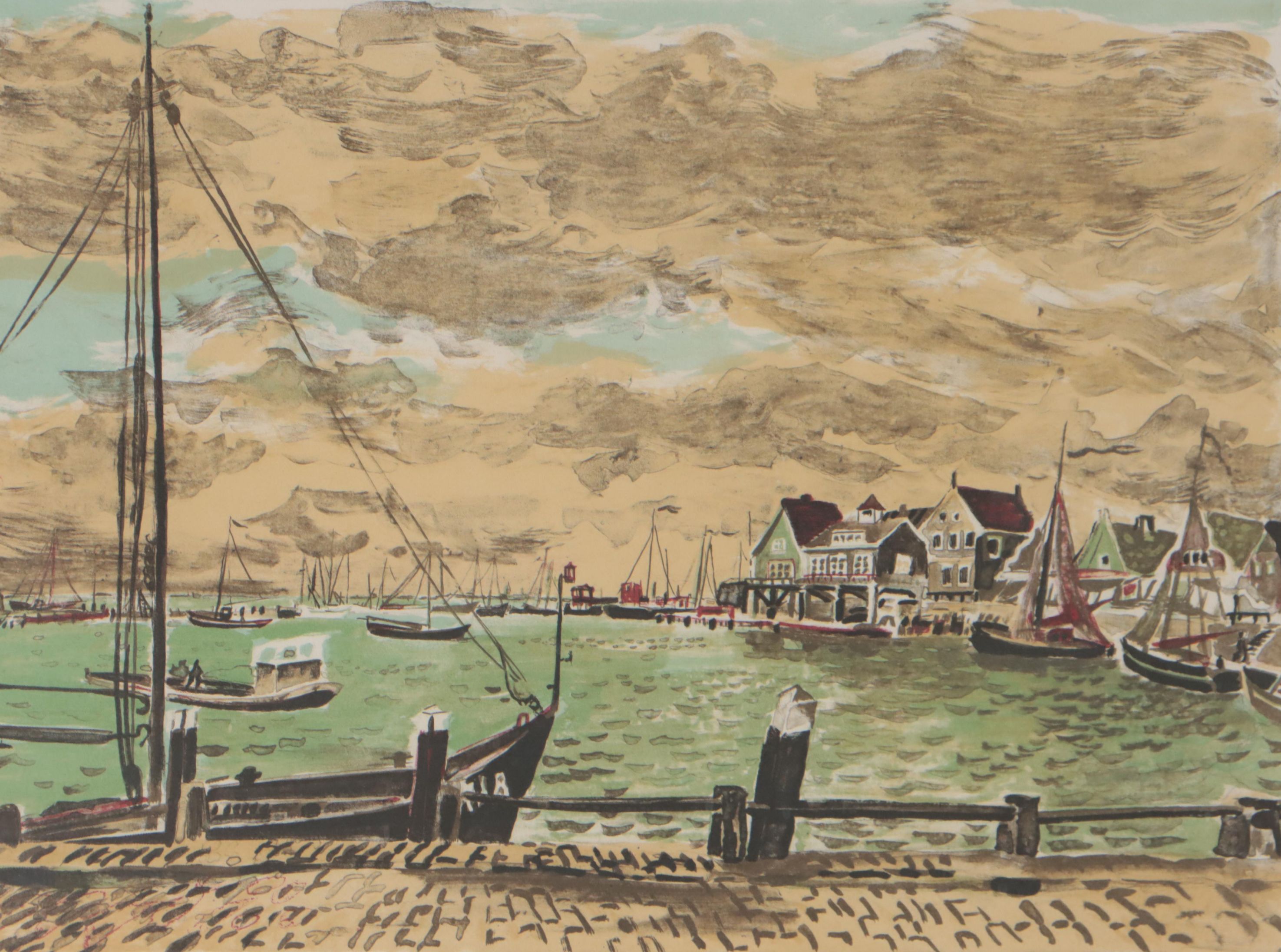 Maurice Boitel French Harbor Scene Lithograph