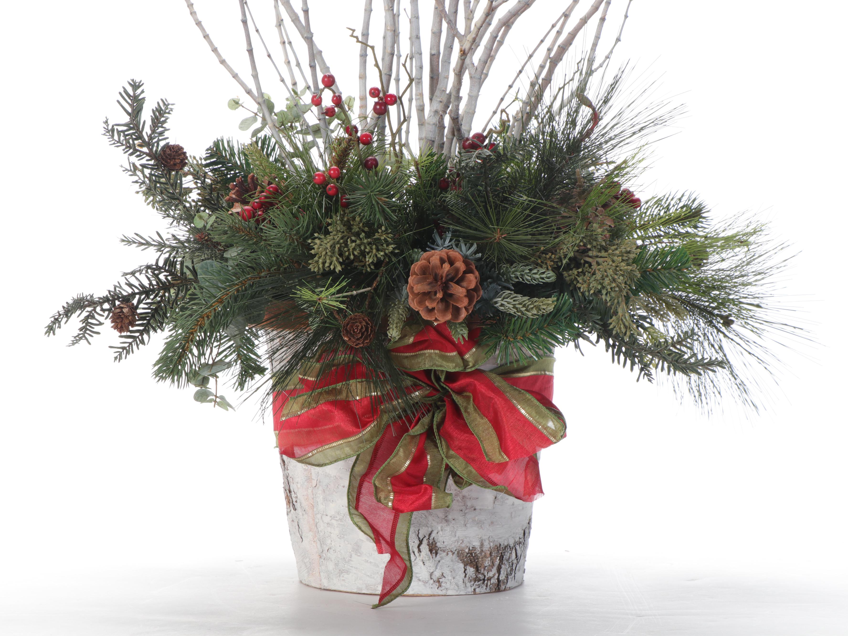 Pair of Faux Pine and Branch Table Arrangements in Faux Painted Bark Planters