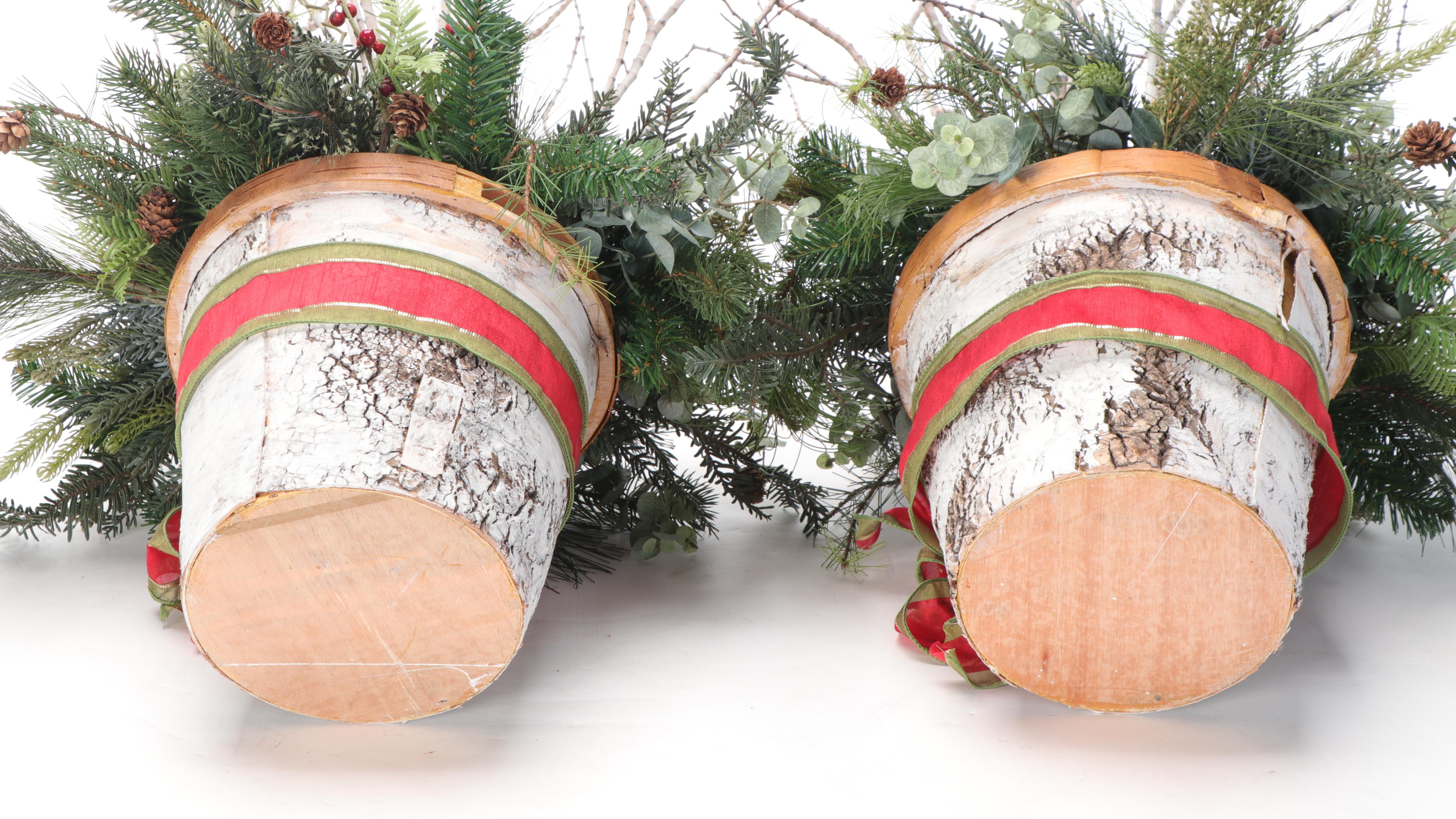 Pair of Faux Pine and Branch Table Arrangements in Faux Painted Bark Planters