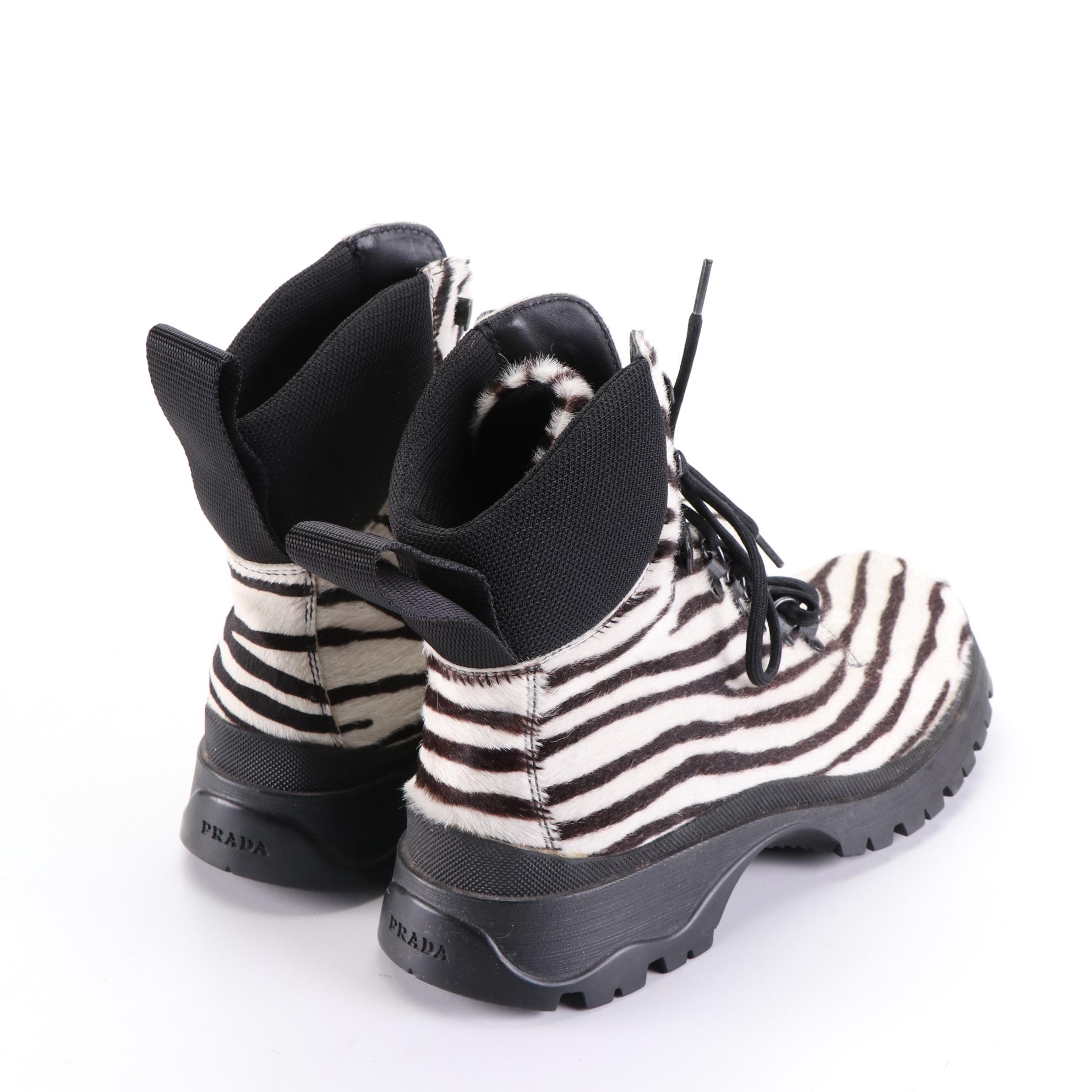 Prada Sport Lace-Up Boots in Zebra Stripe Calf Hair
