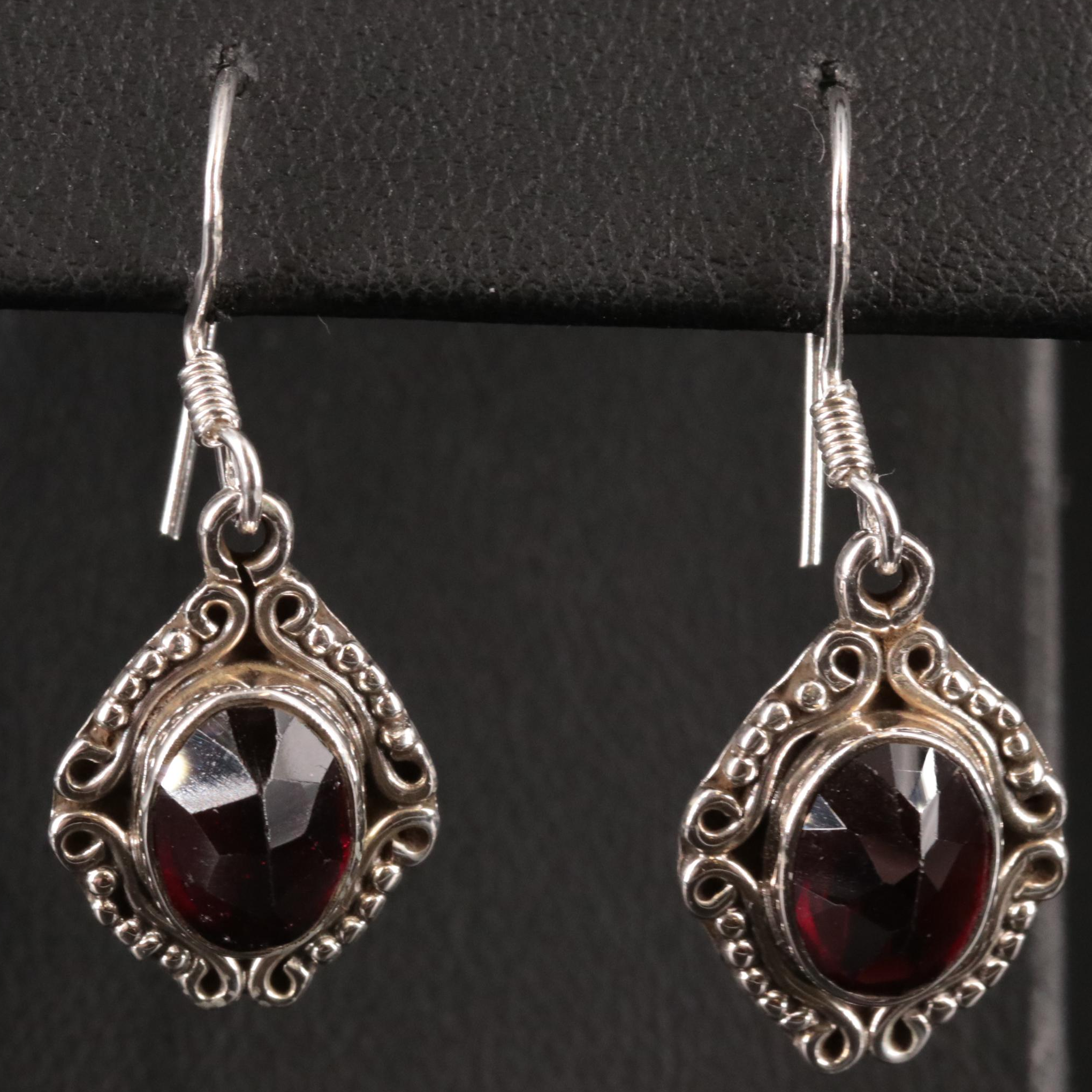 Sterling Silver Garnet Drop Earrings