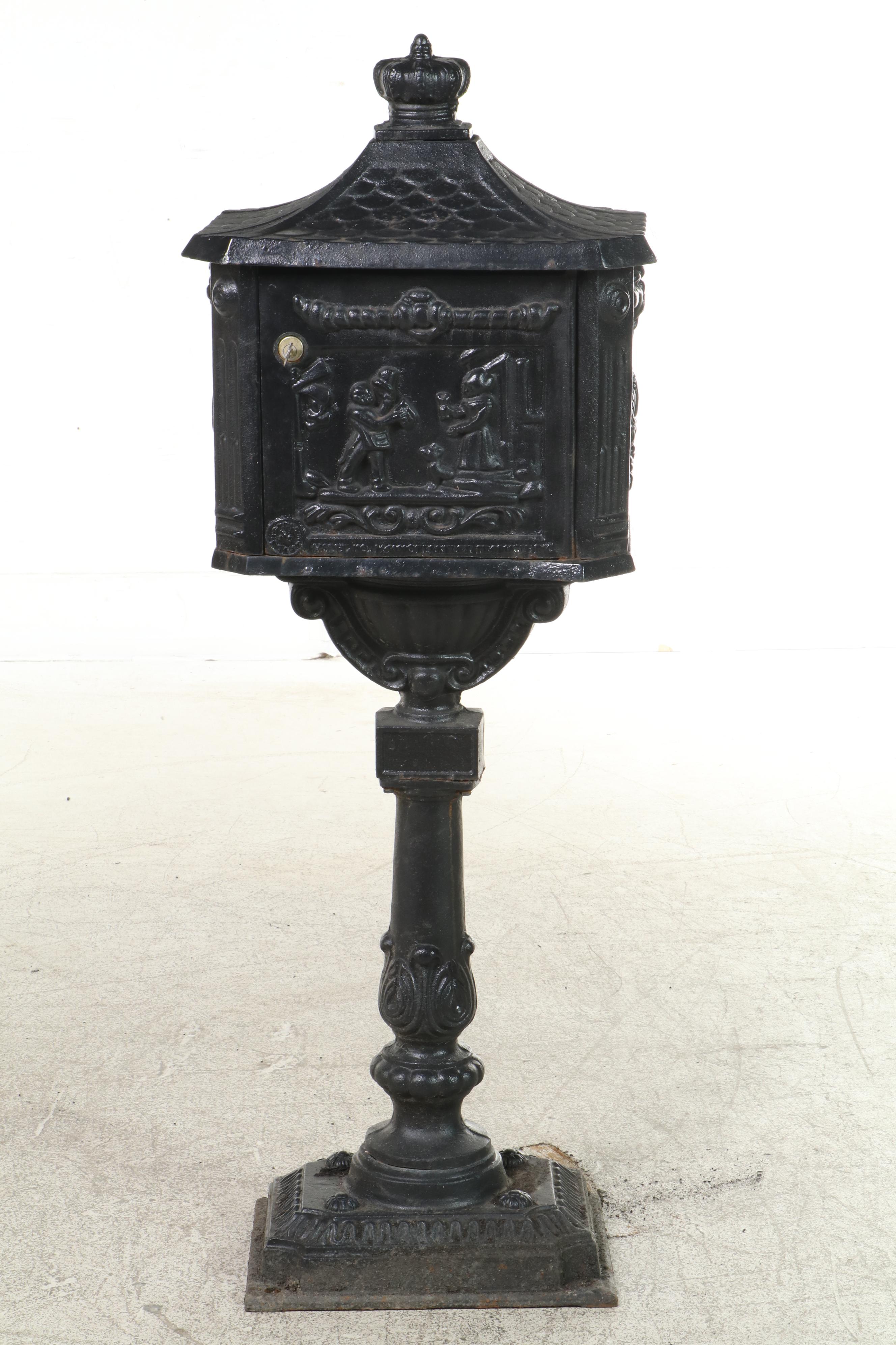 Cast Iron U.S. Mail Box on Stand with Key