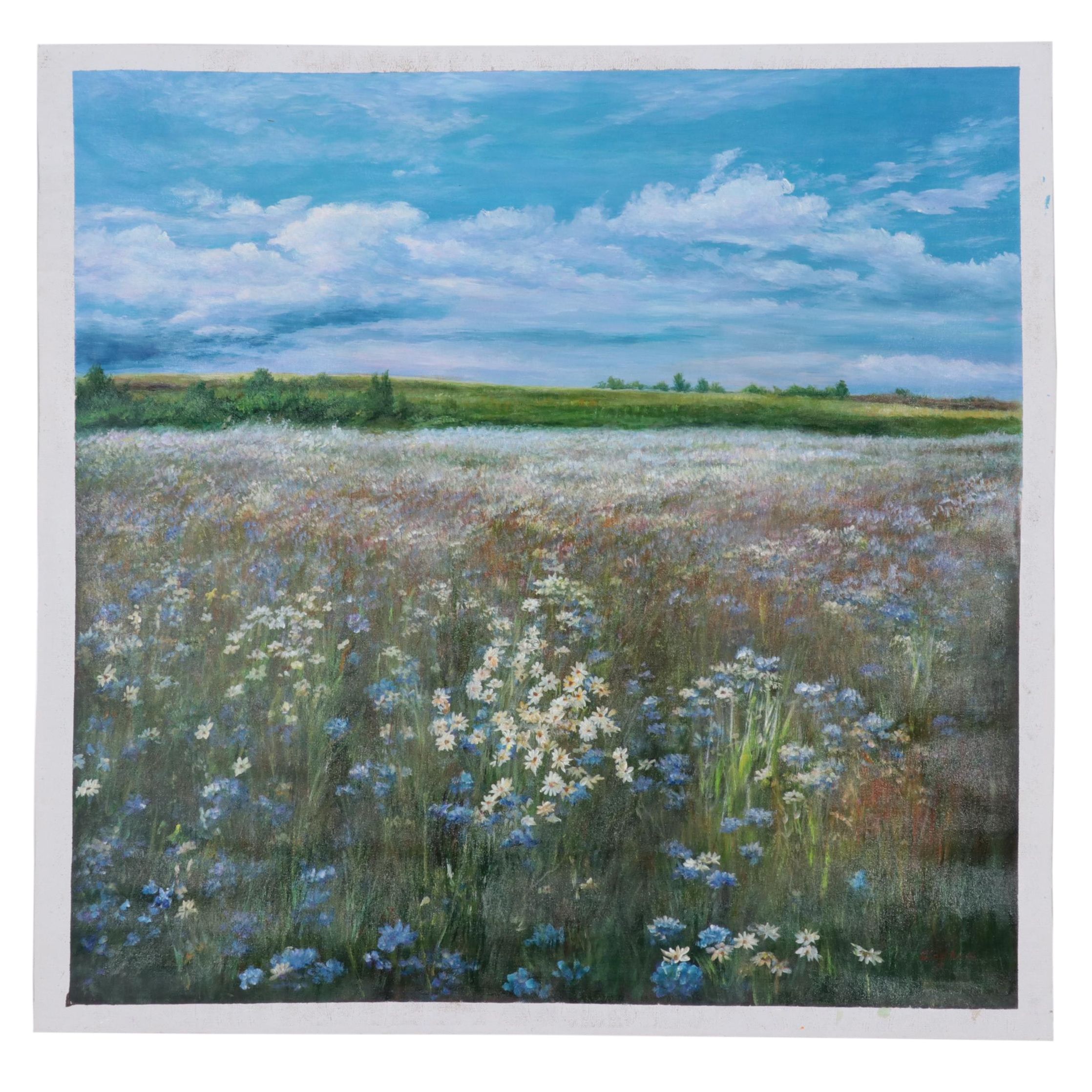 Qinghua Flower Field Landscape Oil Painting