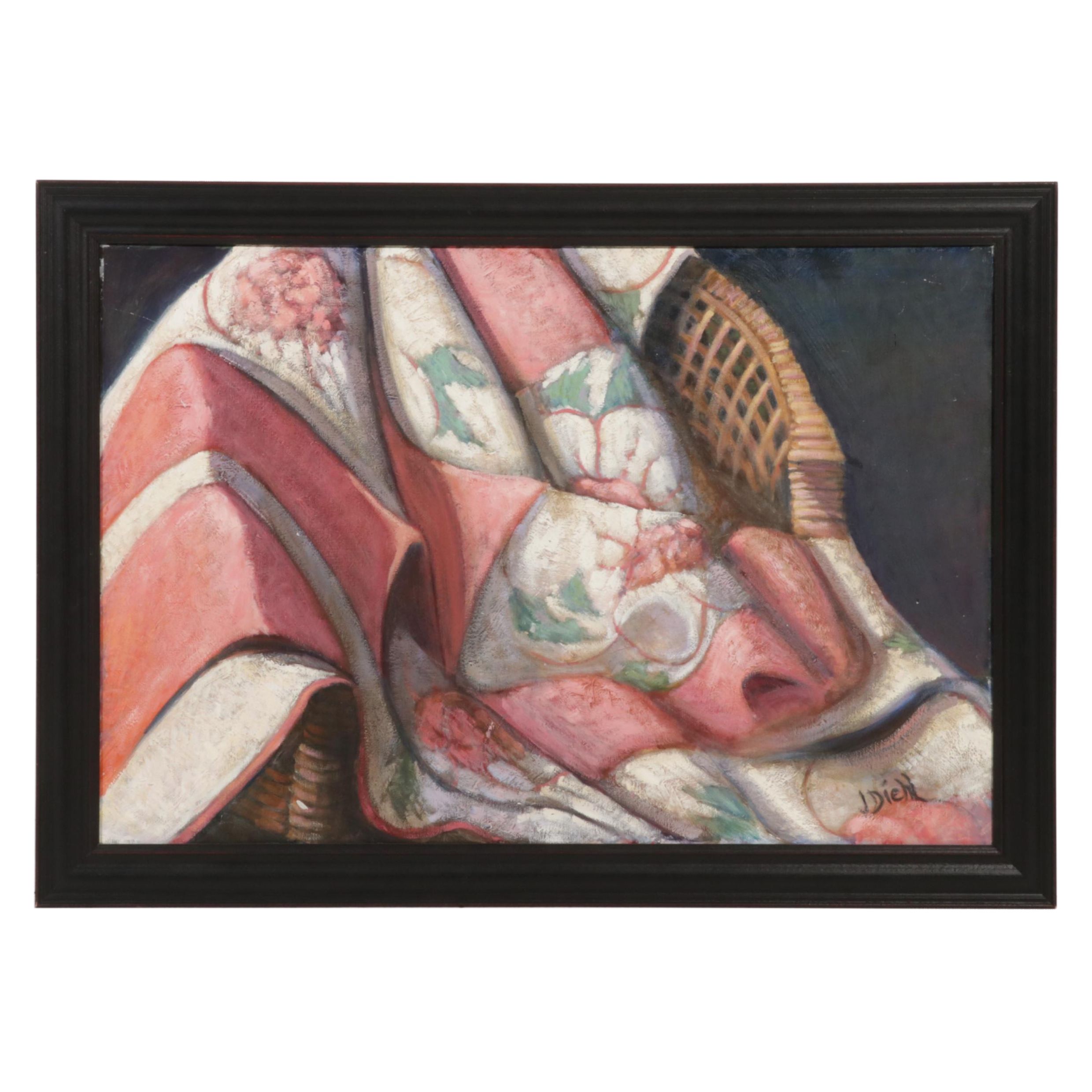 J. Diehl Still Life Oil Painting of Blanket on Rattan Chair, Circa 2000