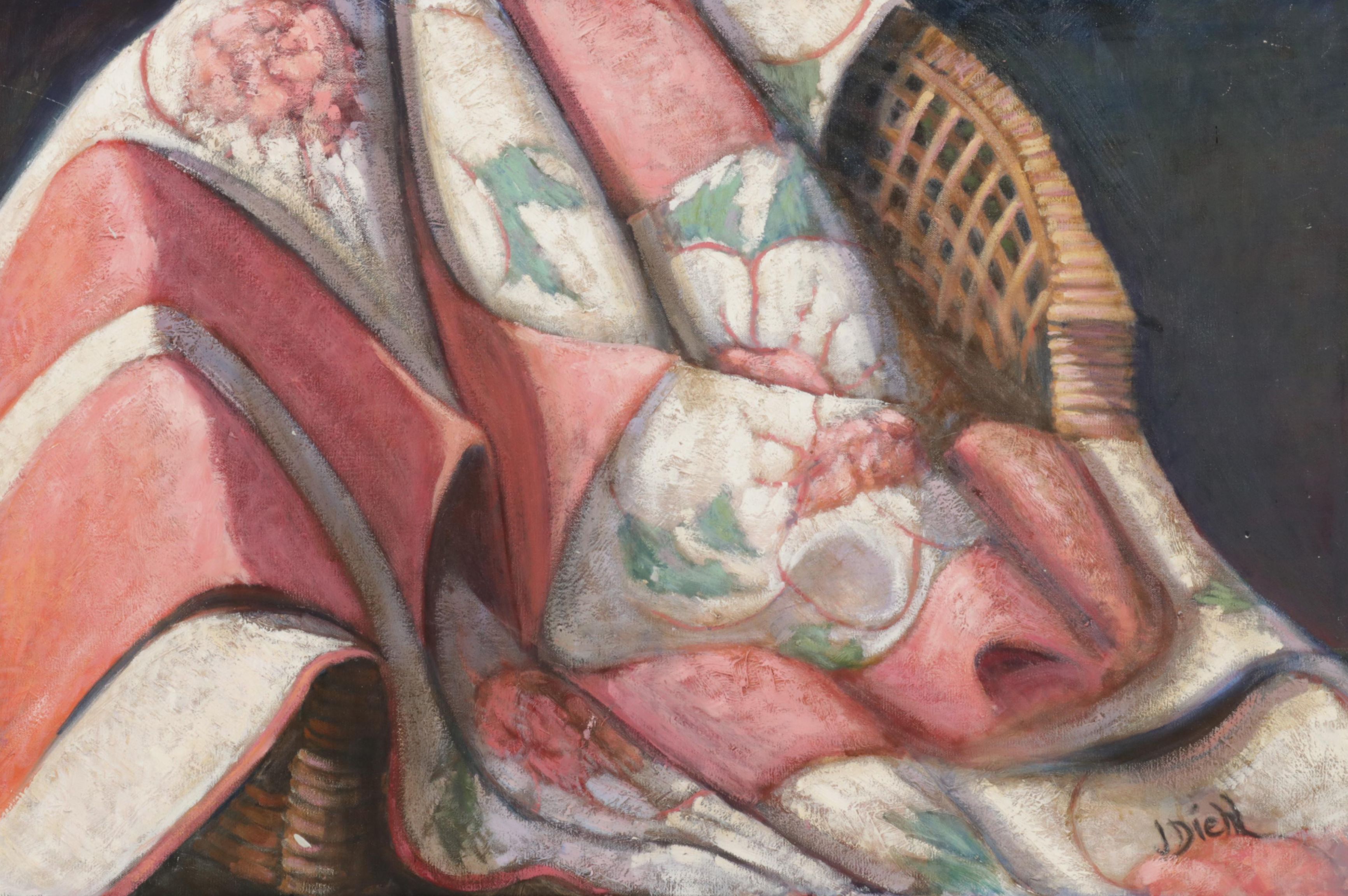 J. Diehl Still Life Oil Painting of Blanket on Rattan Chair, Circa 2000