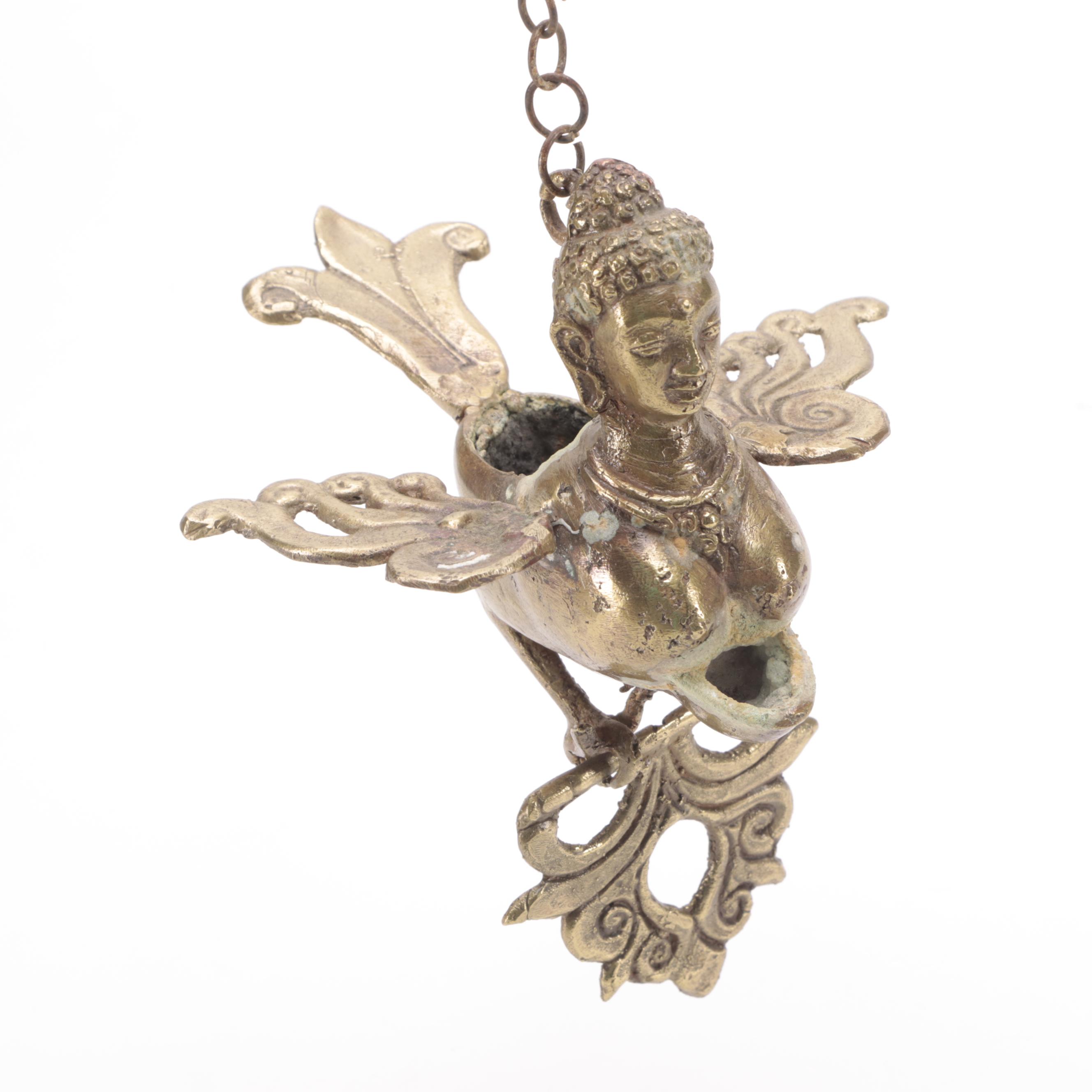 Southeast Asian Brass Kinnari Oil Lamp, Tara Wall Hanging and Hanuman Arm Band