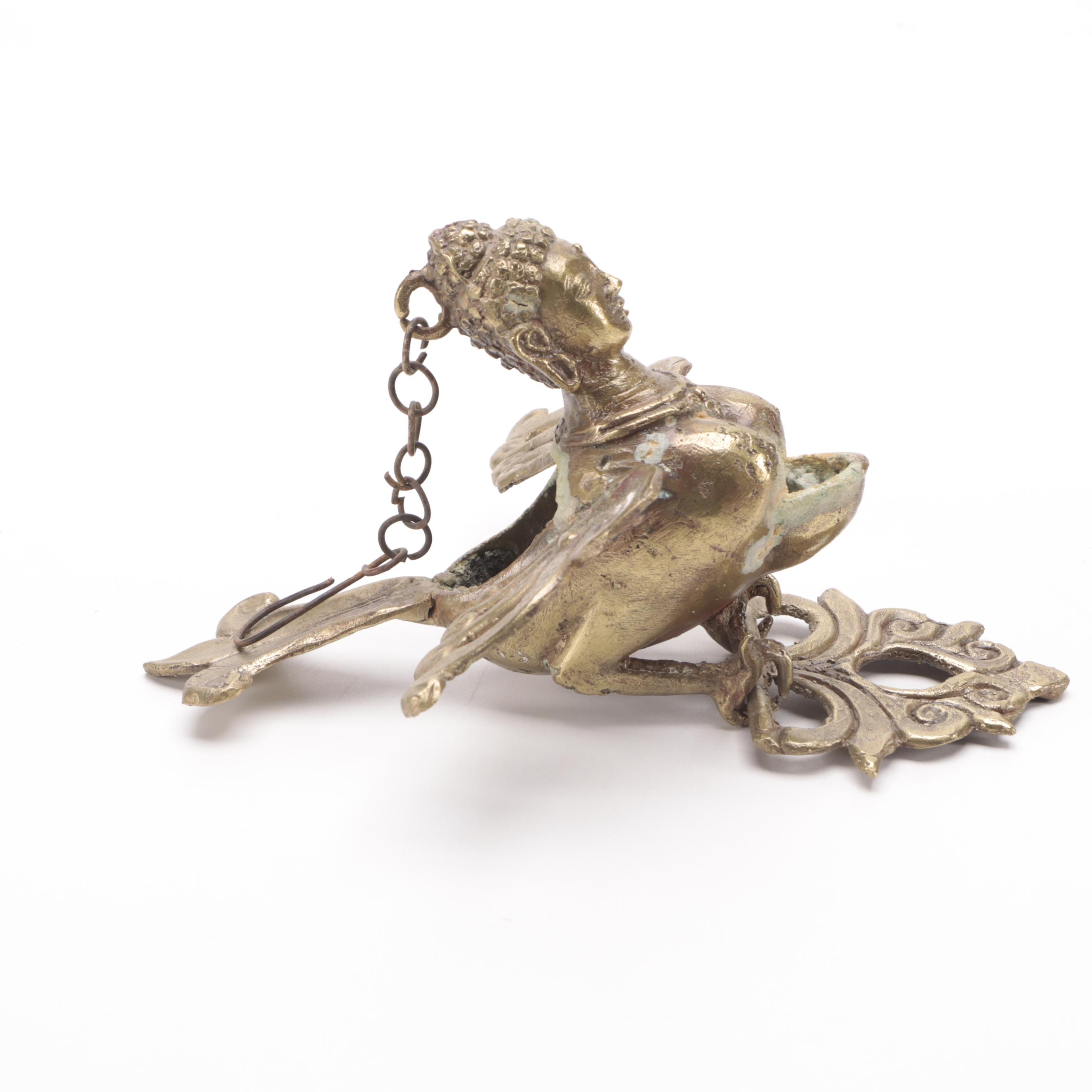 Southeast Asian Brass Kinnari Oil Lamp, Tara Wall Hanging and Hanuman Arm Band