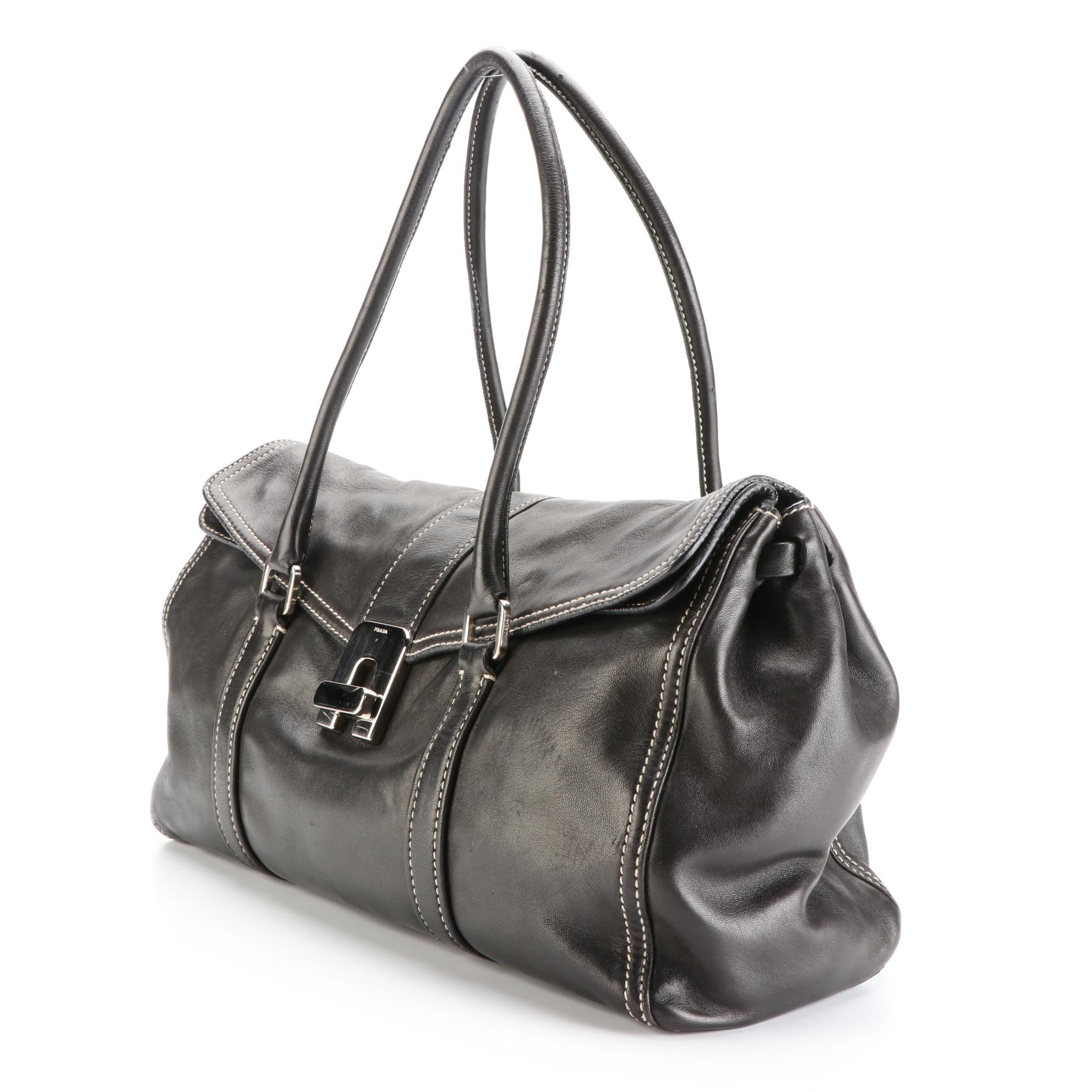 Prada Flap Shoulder Bag in Lambskin with Contrast Stitching