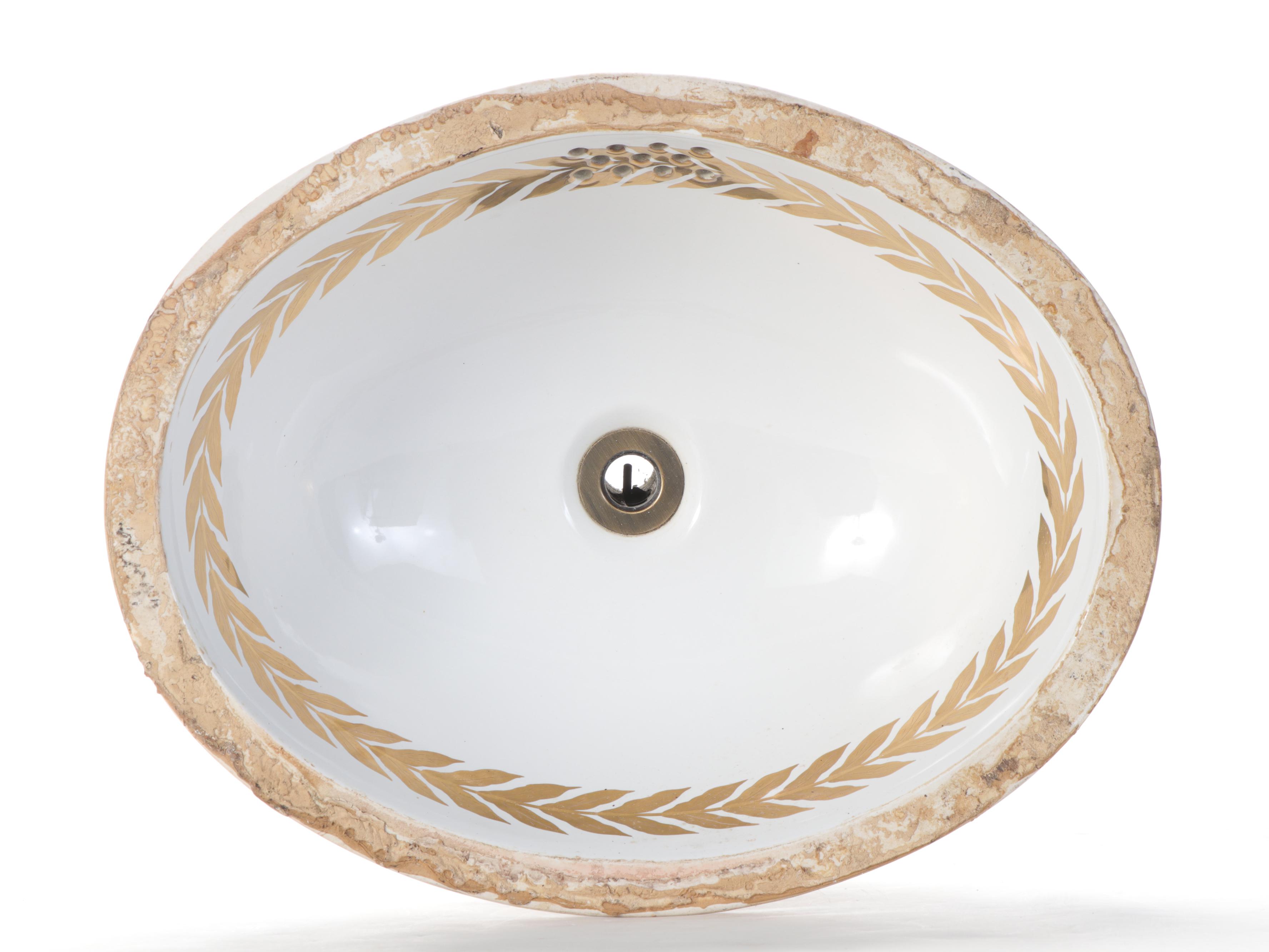 Gilt Accented Porcelain Undermount Bathroom Sink, Faucet and Drain Assemblage