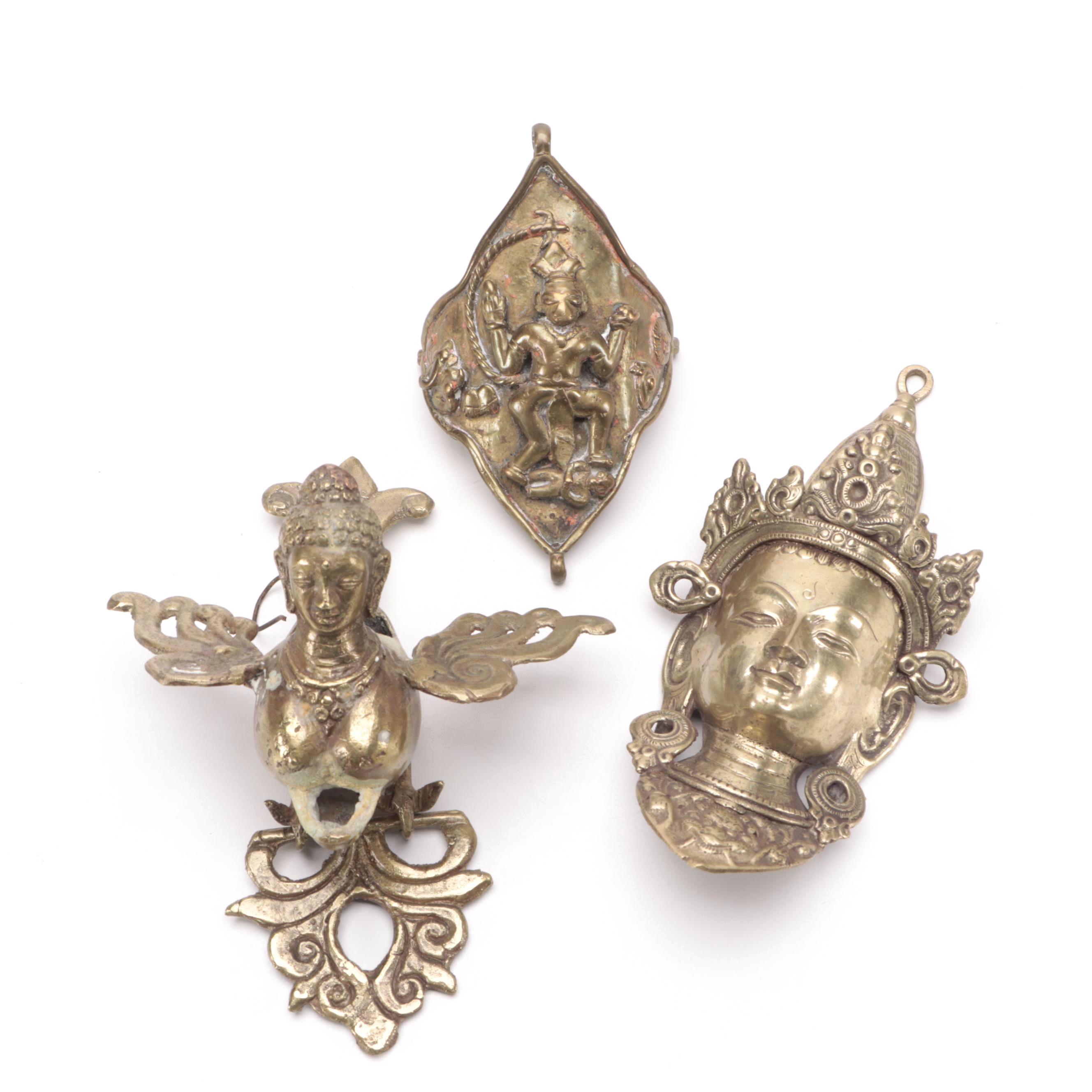 Southeast Asian Brass Kinnari Oil Lamp, Tara Wall Hanging and Hanuman Arm Band