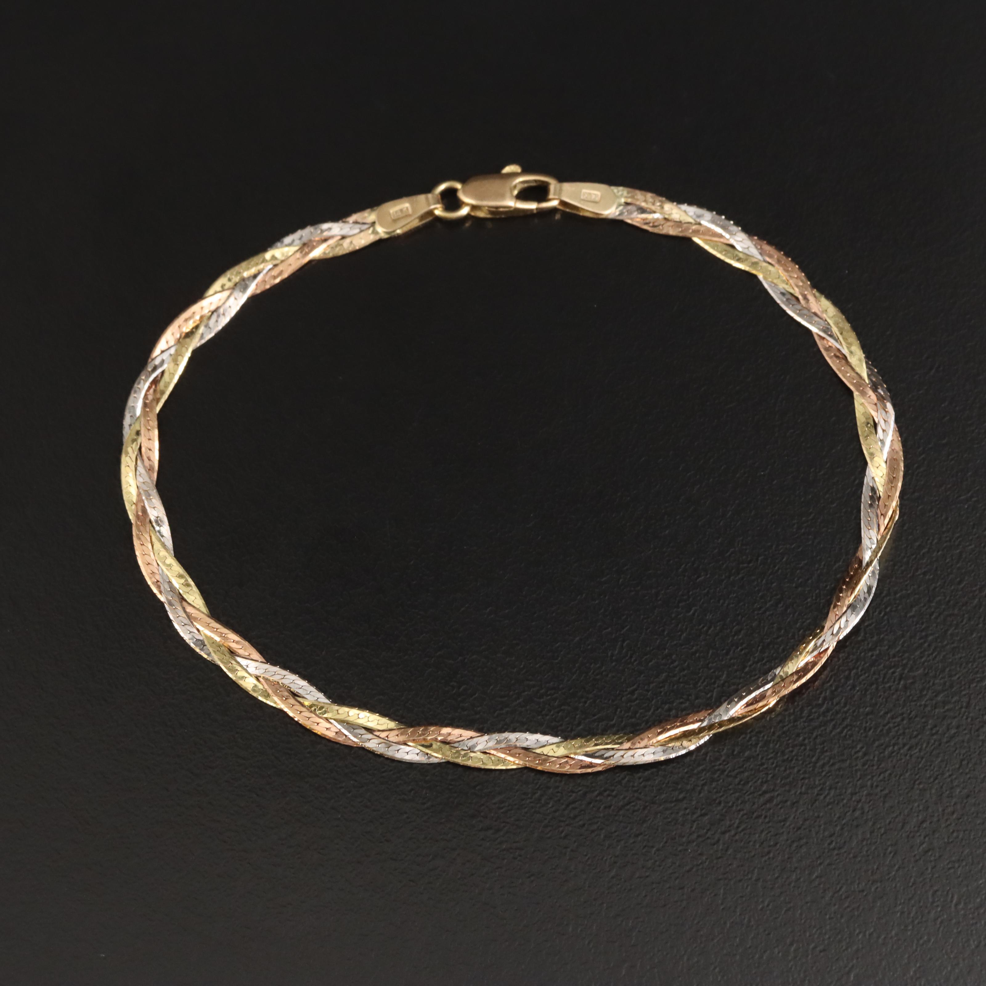 14K Tri-Color Braided Herringbone Chain Bracelet