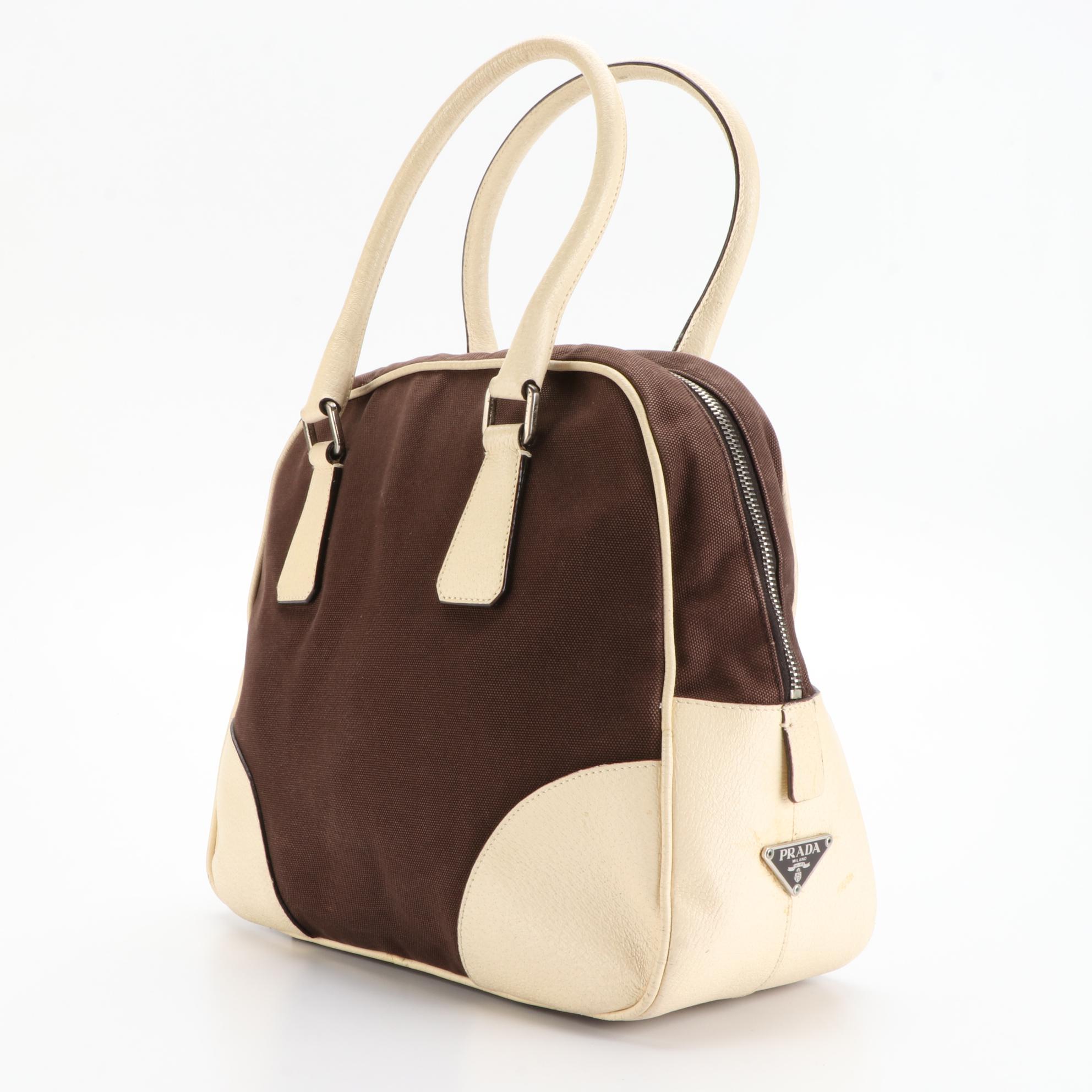 Prada Domed Handbag in Dark Brown Canvas and Ivory Cinghiale Leather