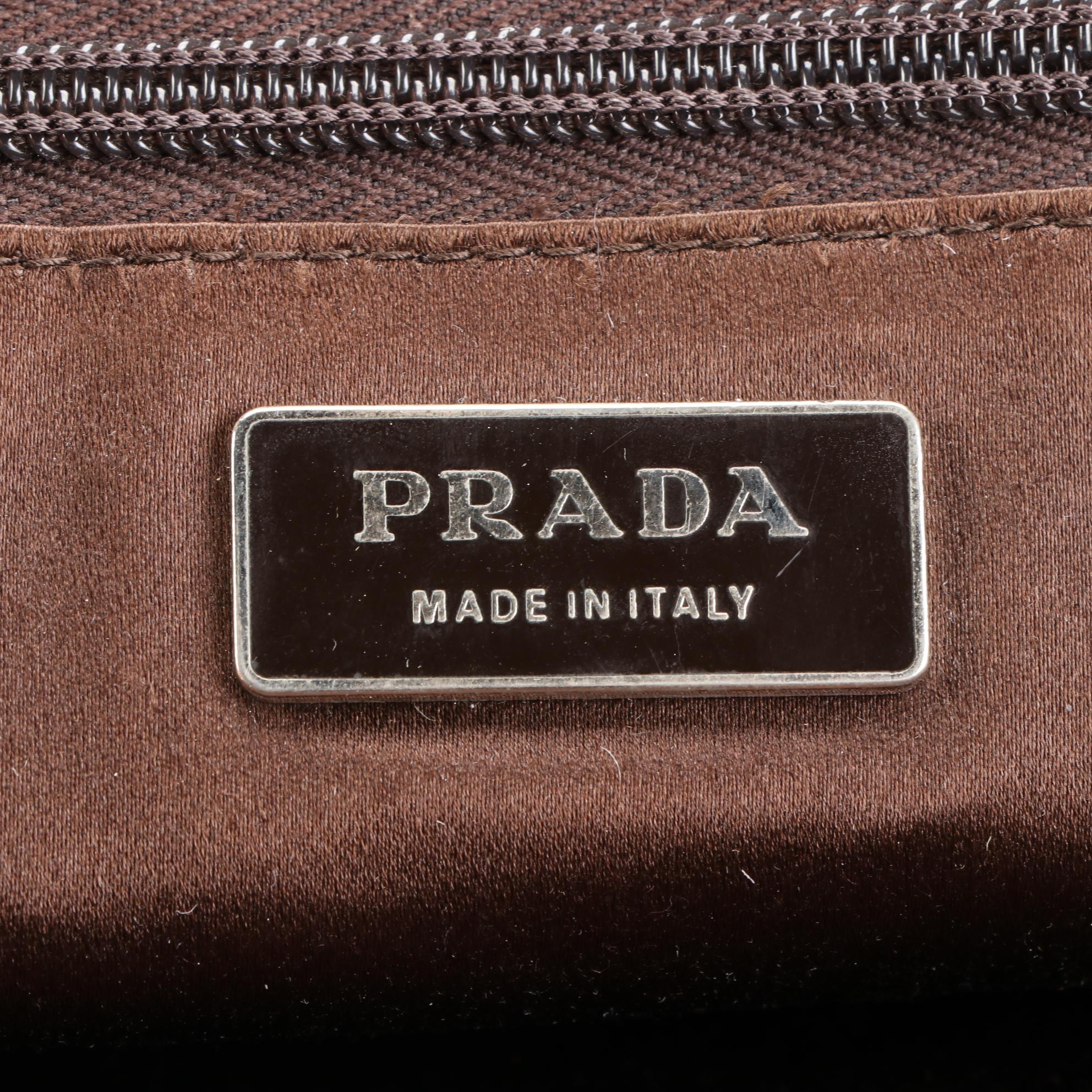 Prada Domed Handbag in Dark Brown Canvas and Ivory Cinghiale Leather
