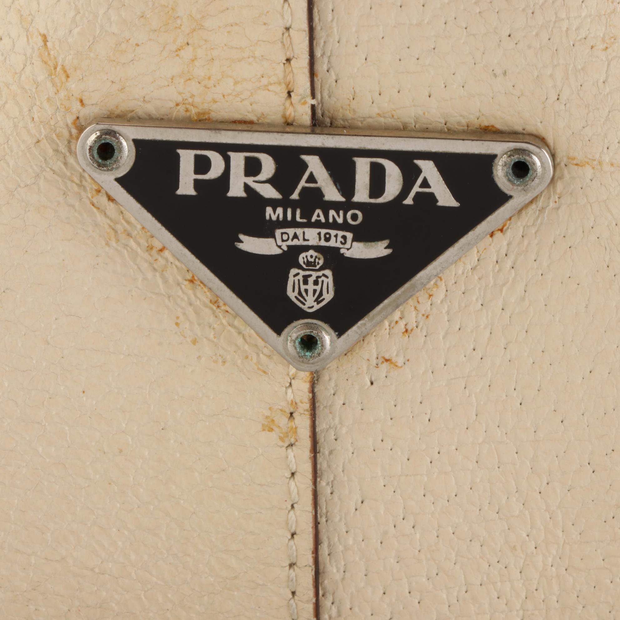 Prada Domed Handbag in Dark Brown Canvas and Ivory Cinghiale Leather