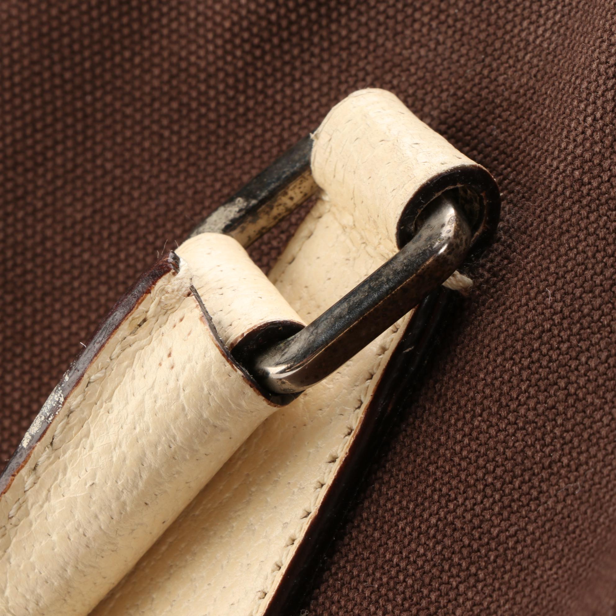 Prada Domed Handbag in Dark Brown Canvas and Ivory Cinghiale Leather