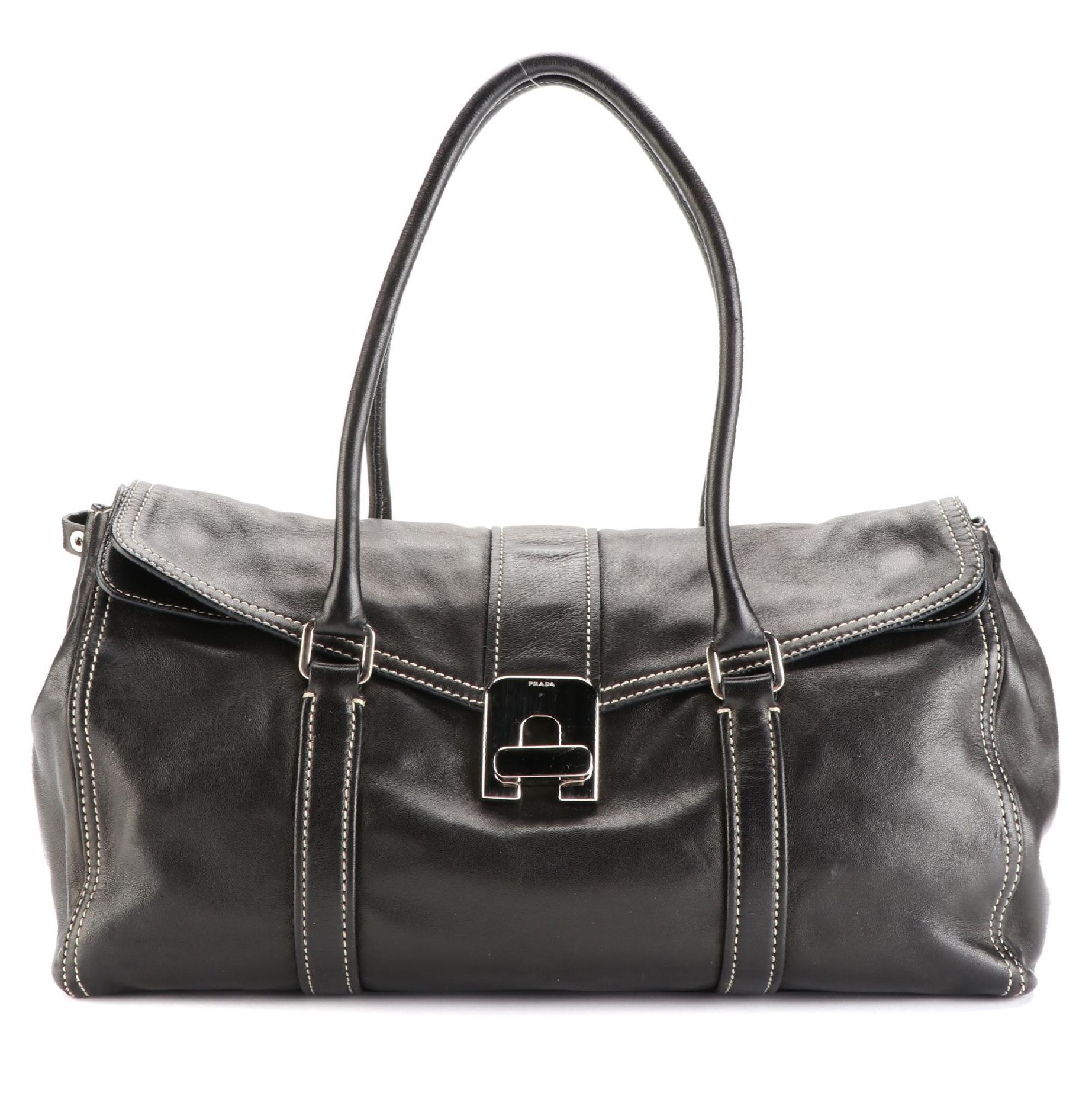 Prada Flap Shoulder Bag in Lambskin with Contrast Stitching