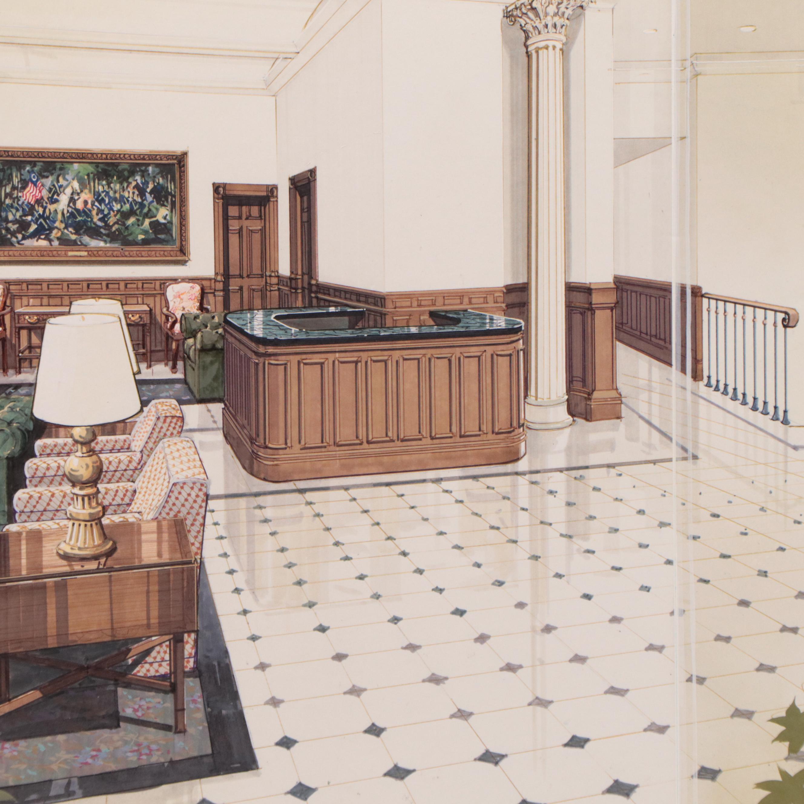 Voss Mixed Media Drawing of Hotel Lobby Interior, 1983
