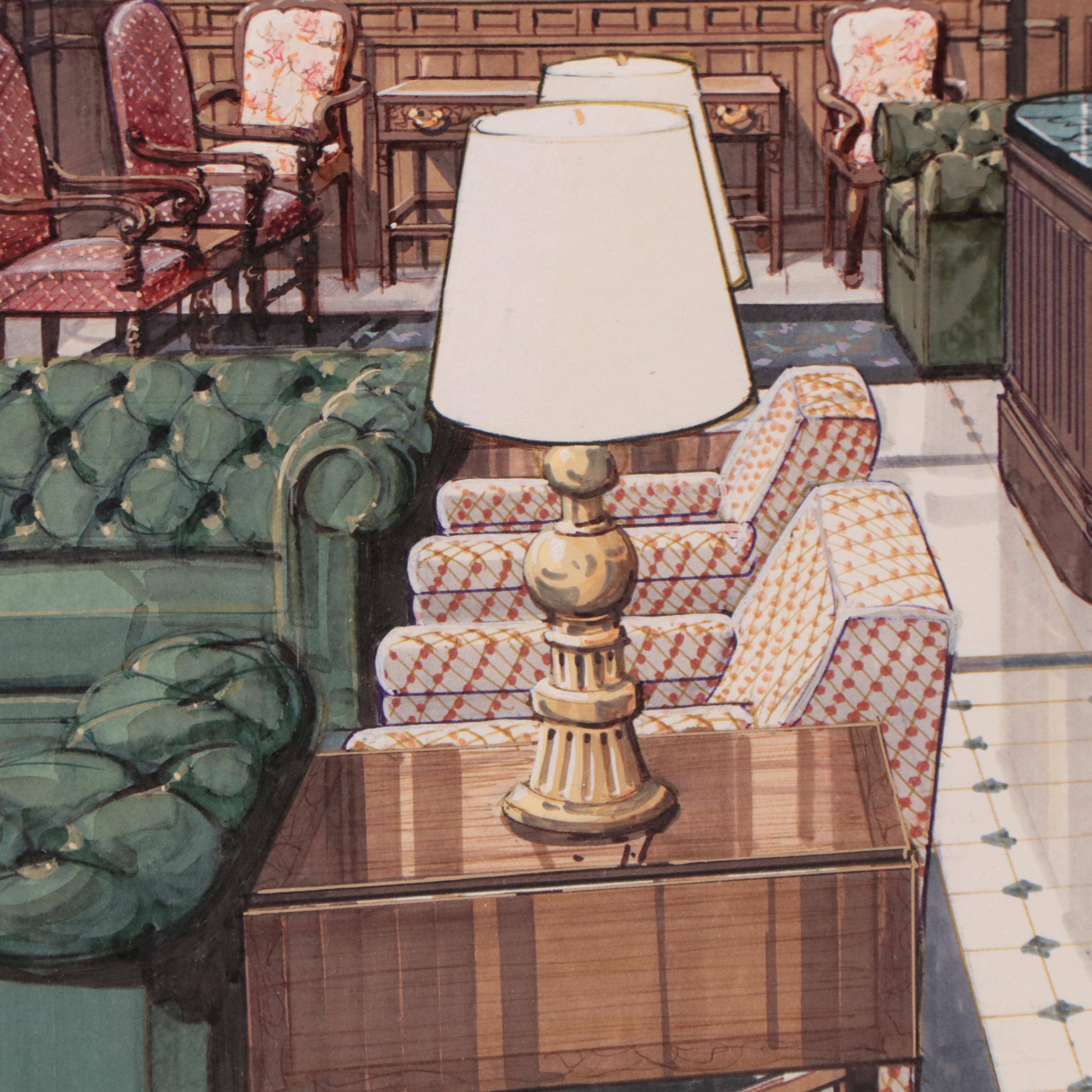 Voss Mixed Media Drawing of Hotel Lobby Interior, 1983