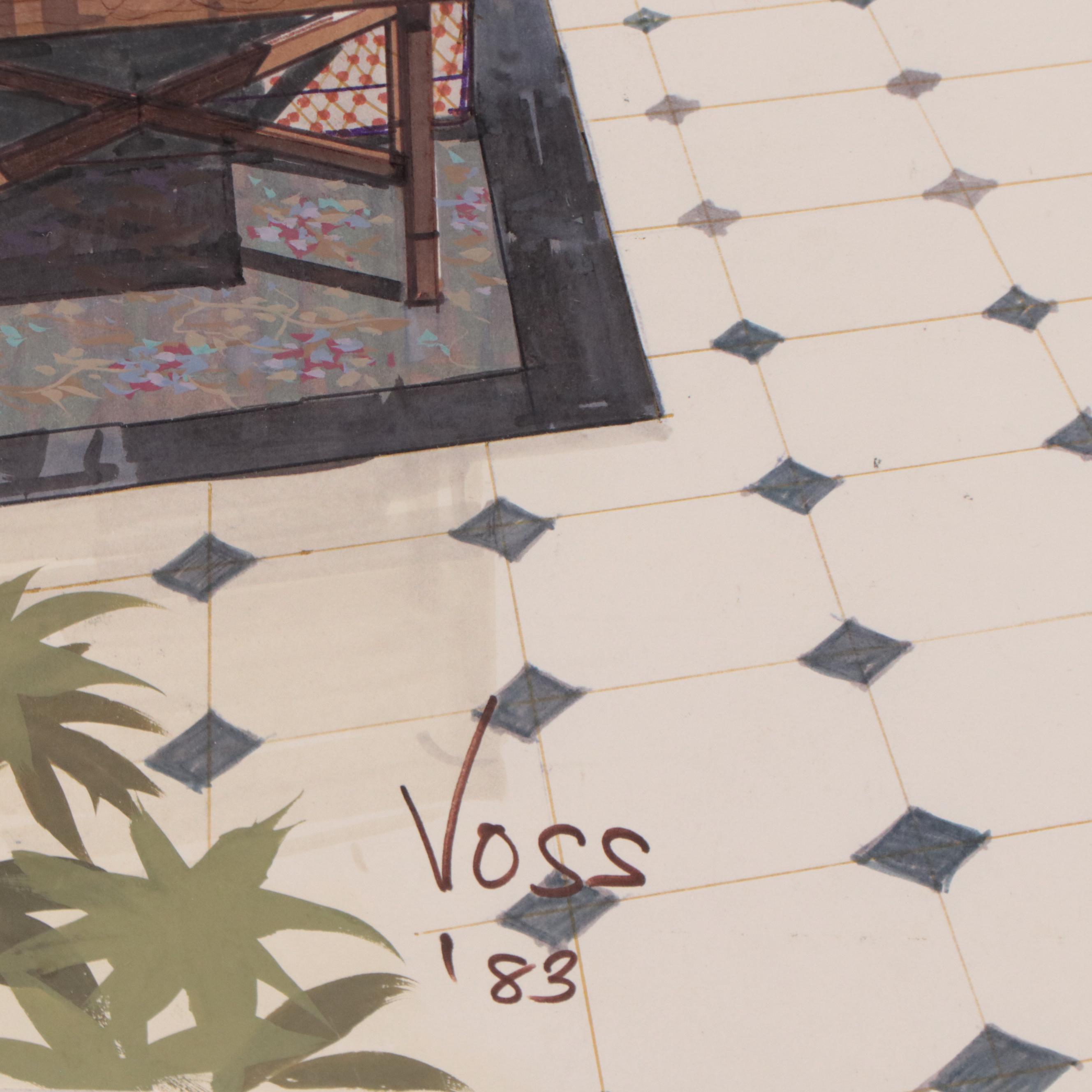 Voss Mixed Media Drawing of Hotel Lobby Interior, 1983