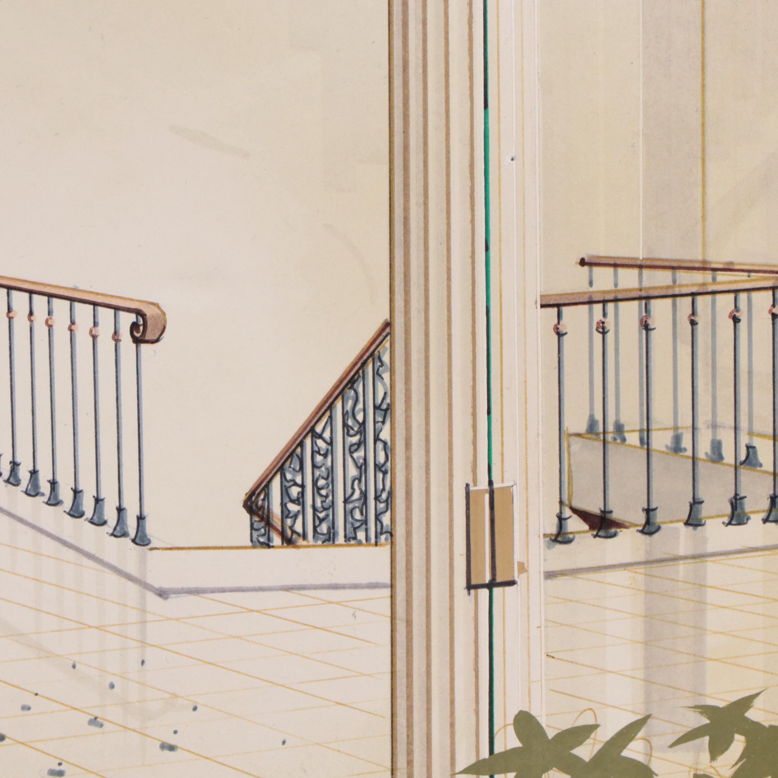 Voss Mixed Media Drawing of Hotel Lobby Interior, 1983