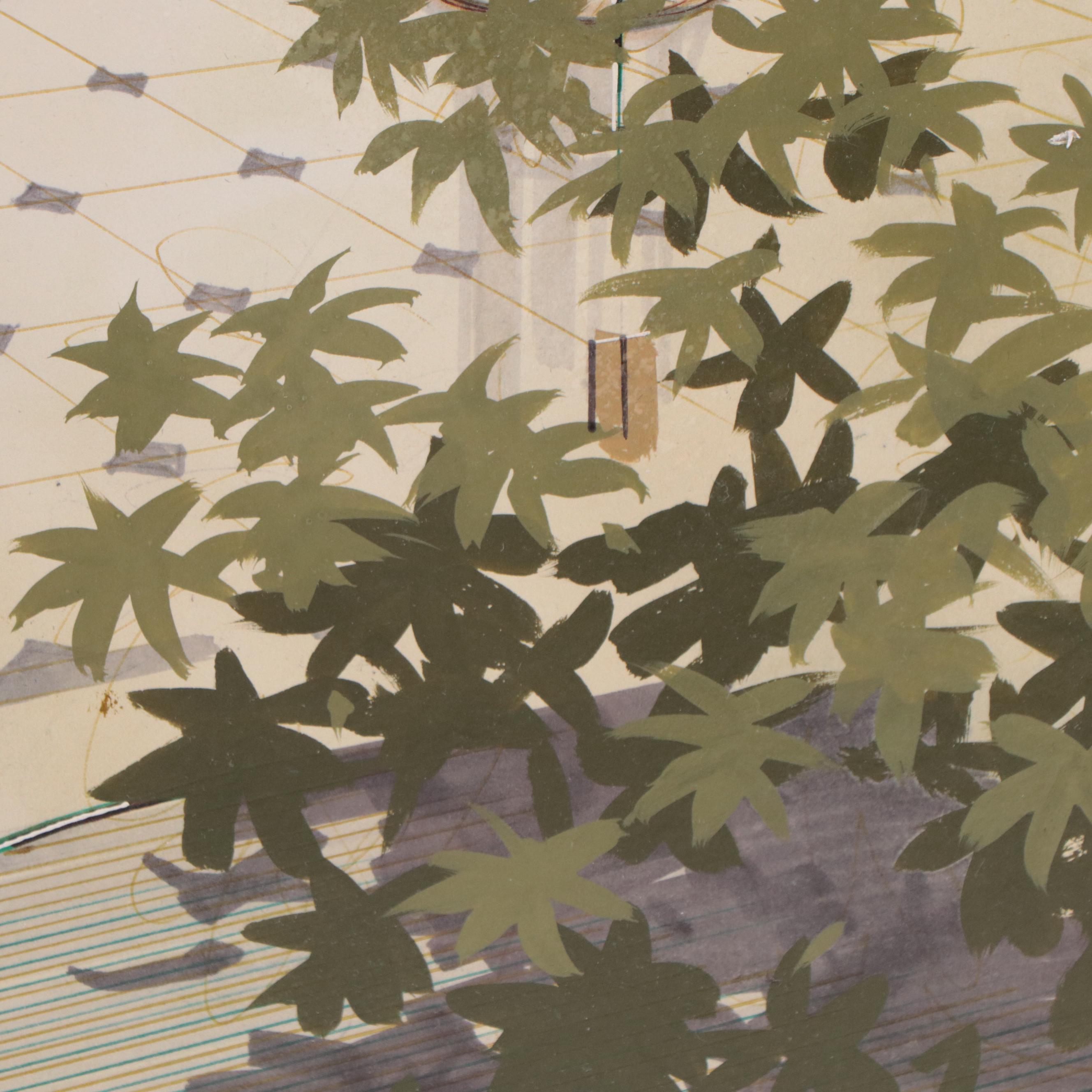 Voss Mixed Media Drawing of Hotel Lobby Interior, 1983