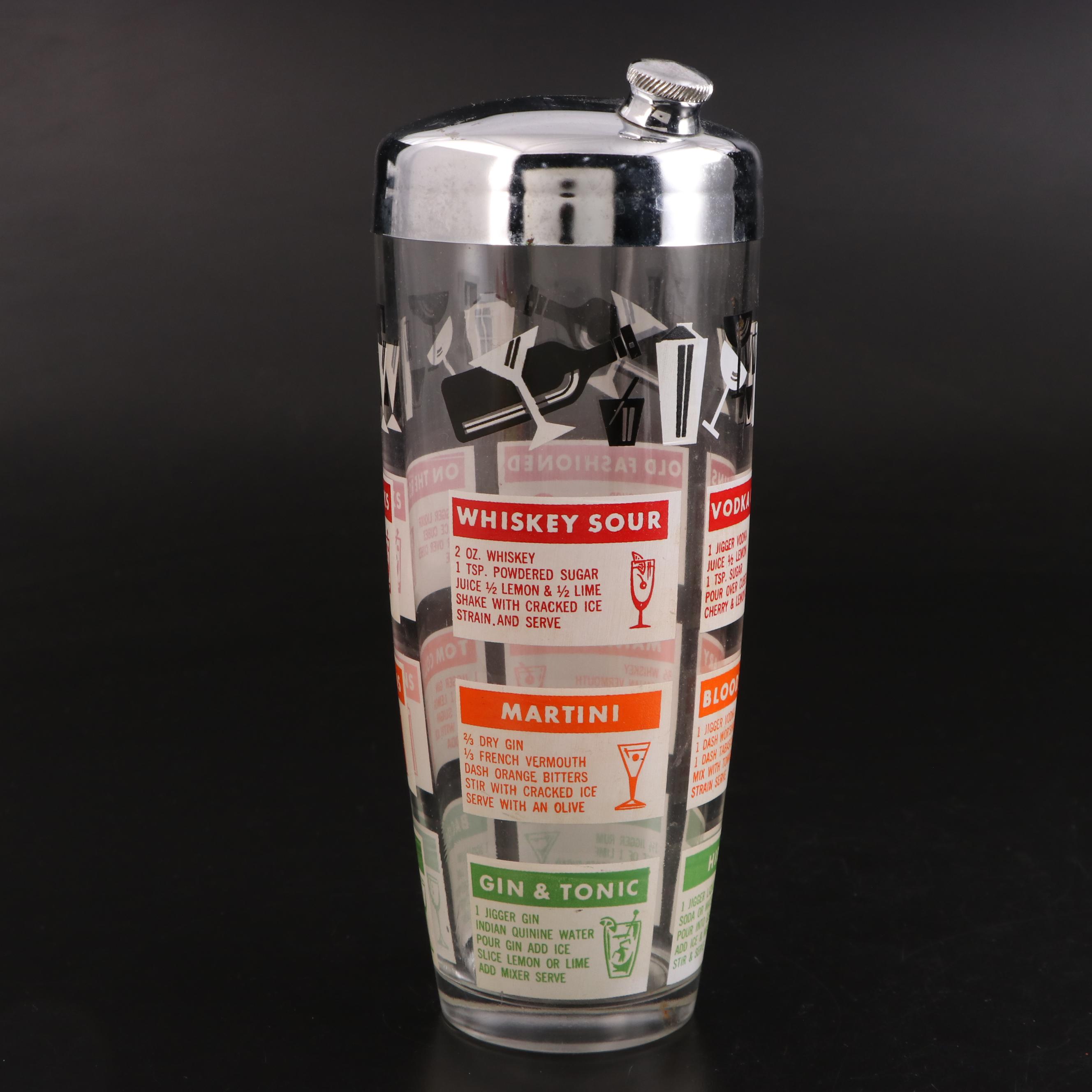 Art Deco Style Chrome and Other Glass Cocktail Shakers with Shot Glasses