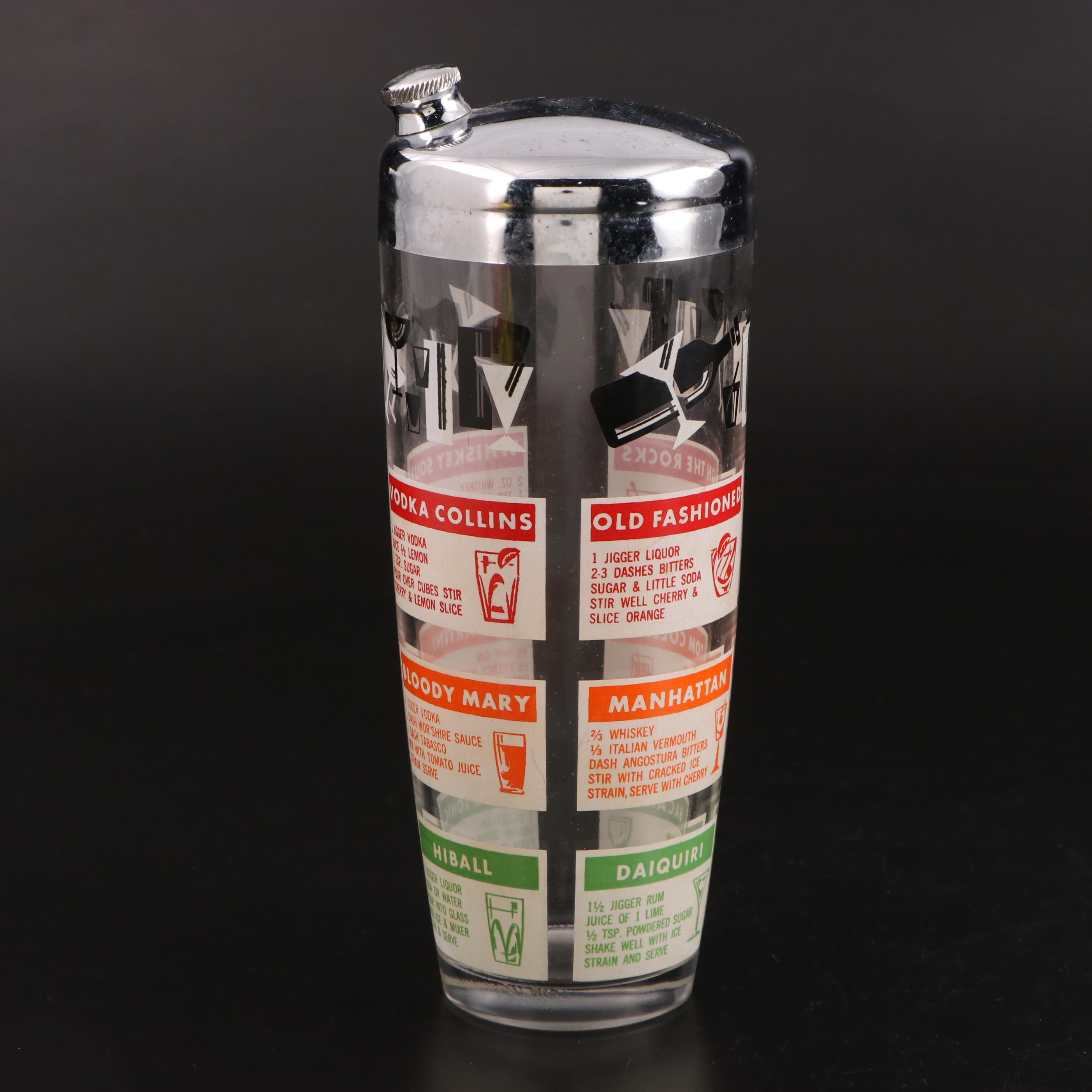 Art Deco Style Chrome and Other Glass Cocktail Shakers with Shot Glasses