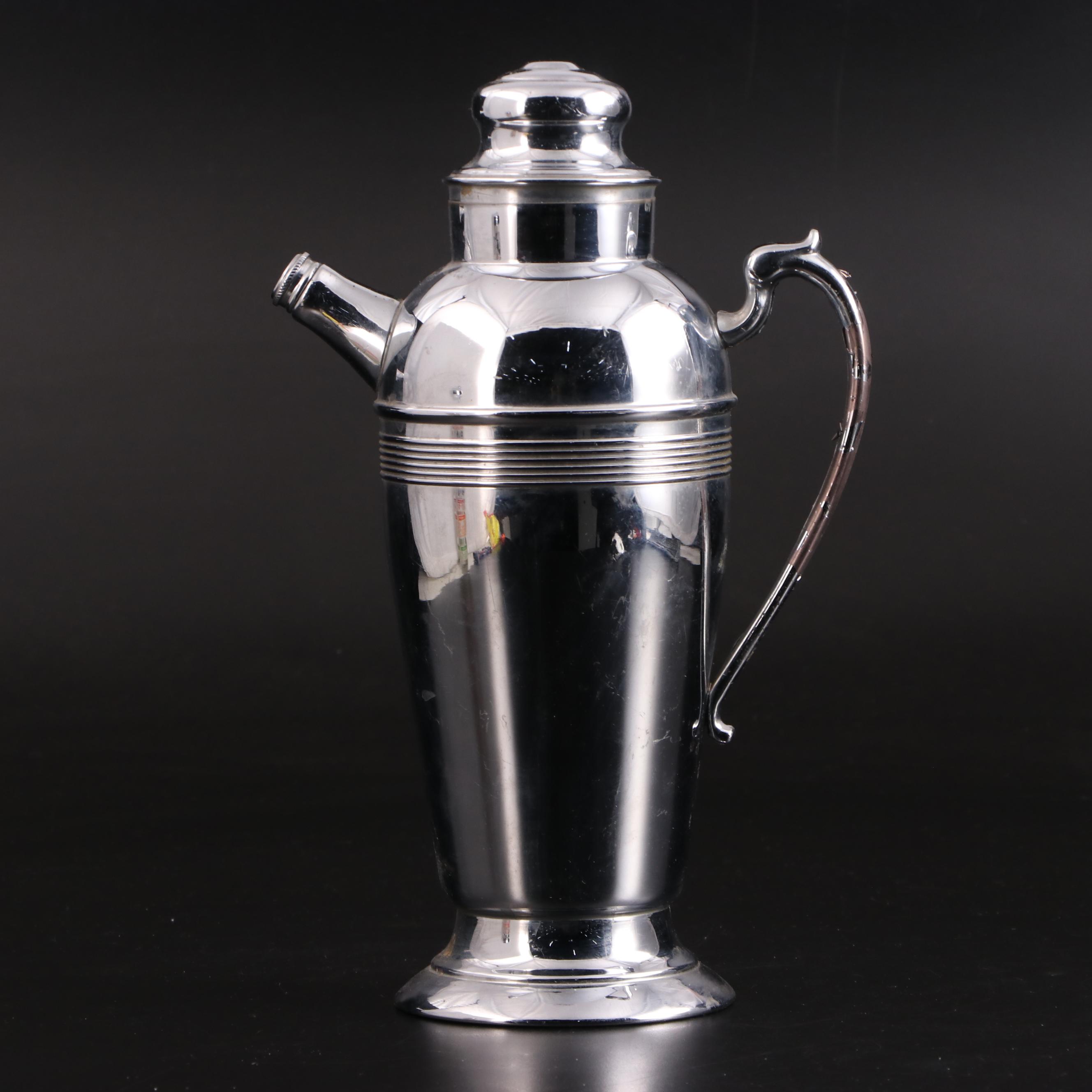 Art Deco Style Chrome and Other Glass Cocktail Shakers with Shot Glasses