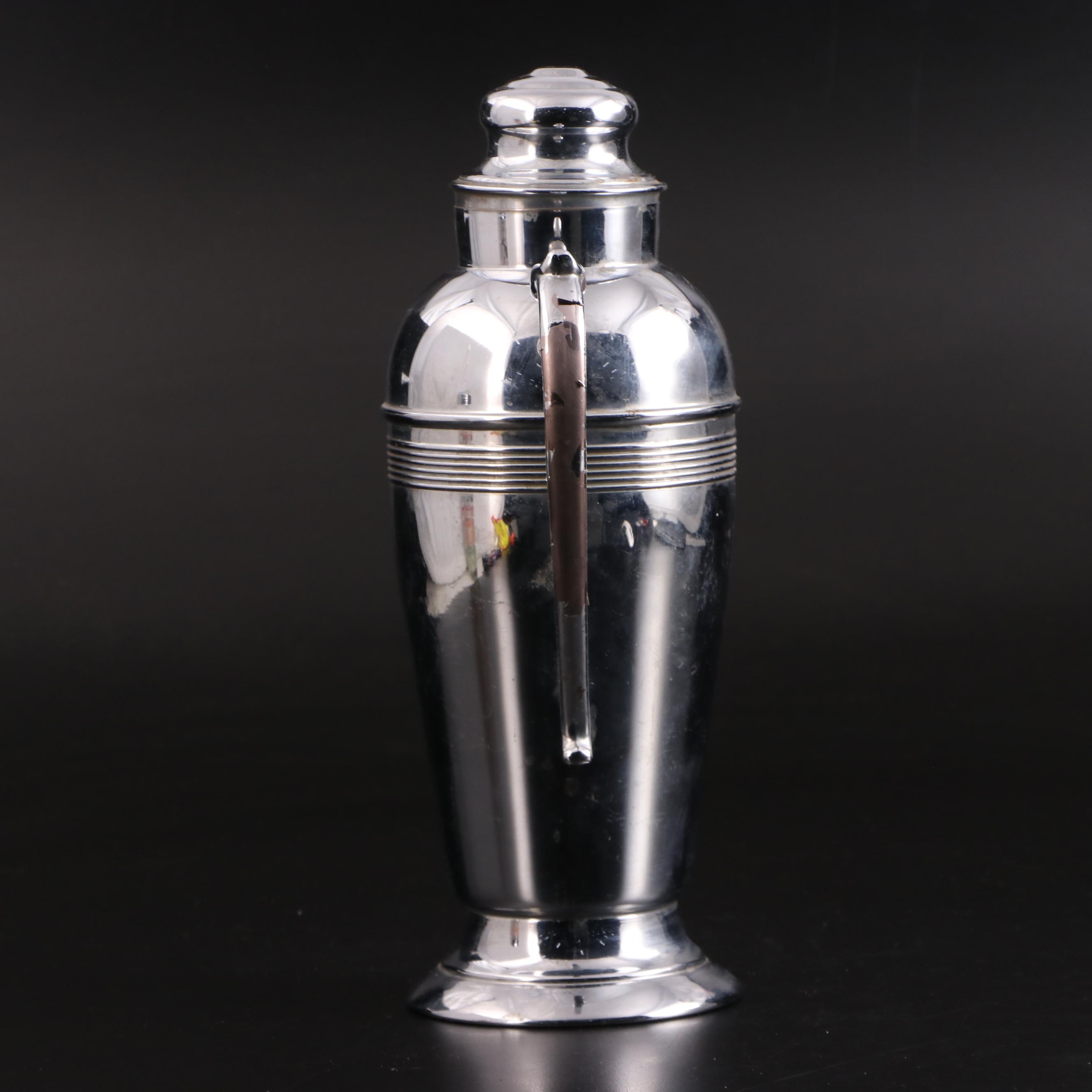 Art Deco Style Chrome and Other Glass Cocktail Shakers with Shot Glasses