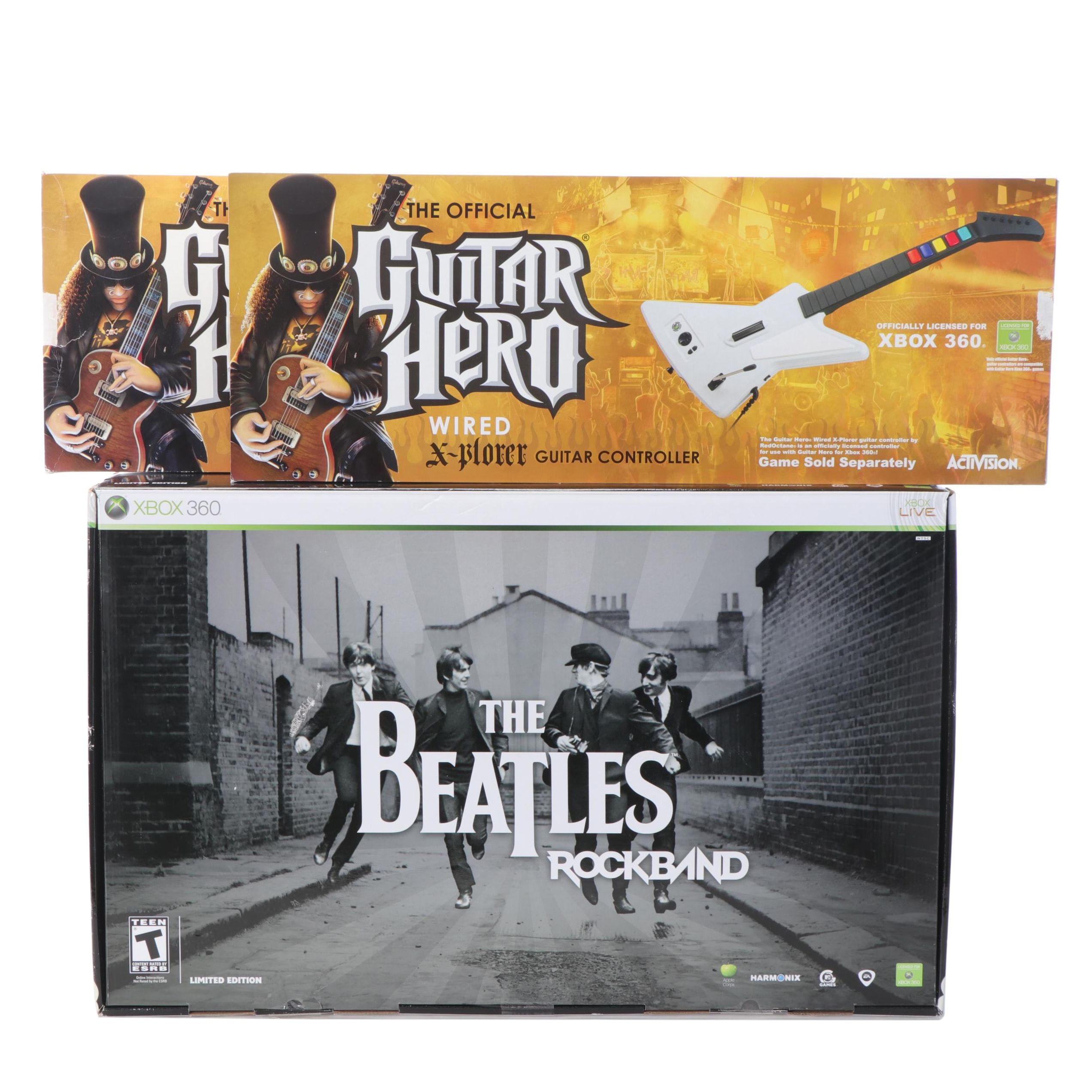 XBOX 360 The Beatles Rockband Game with Two Guitar Hero X-Plorer Controllers