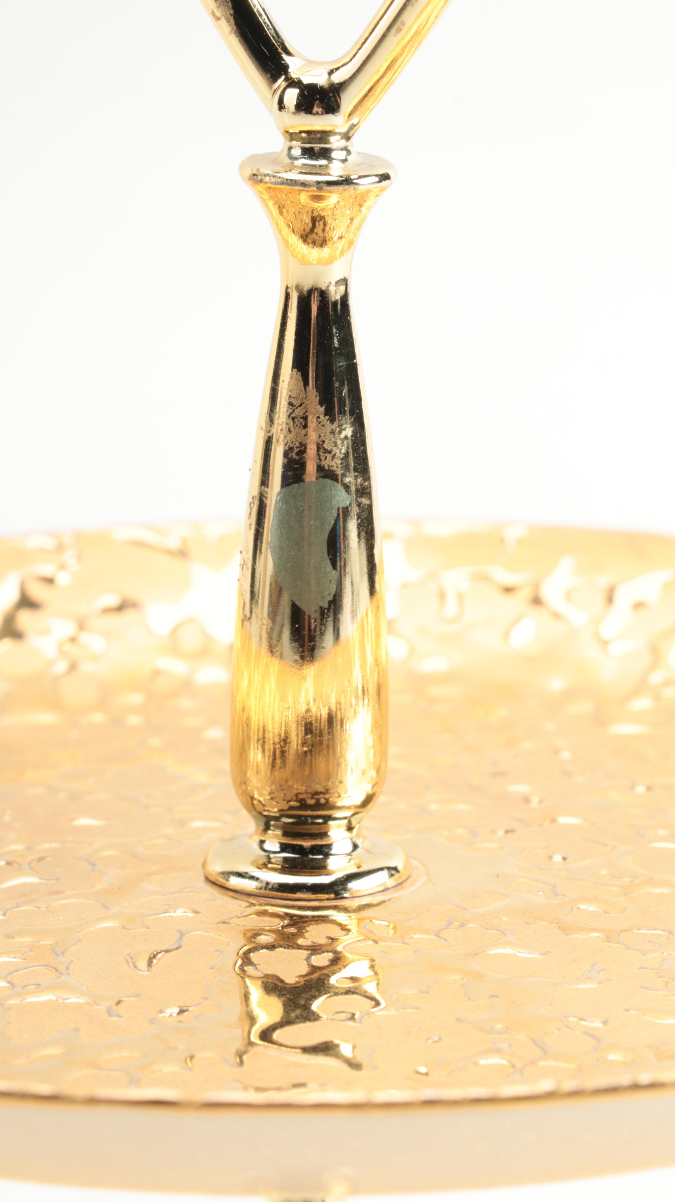 Mid Century Modern 22K Gold Accented Weeping Bright Gold Two Tier Dessert Tray