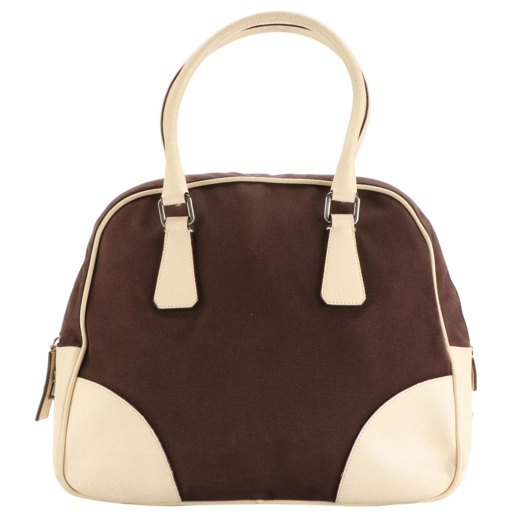 Prada Domed Handbag in Dark Brown Canvas and Ivory Cinghiale Leather