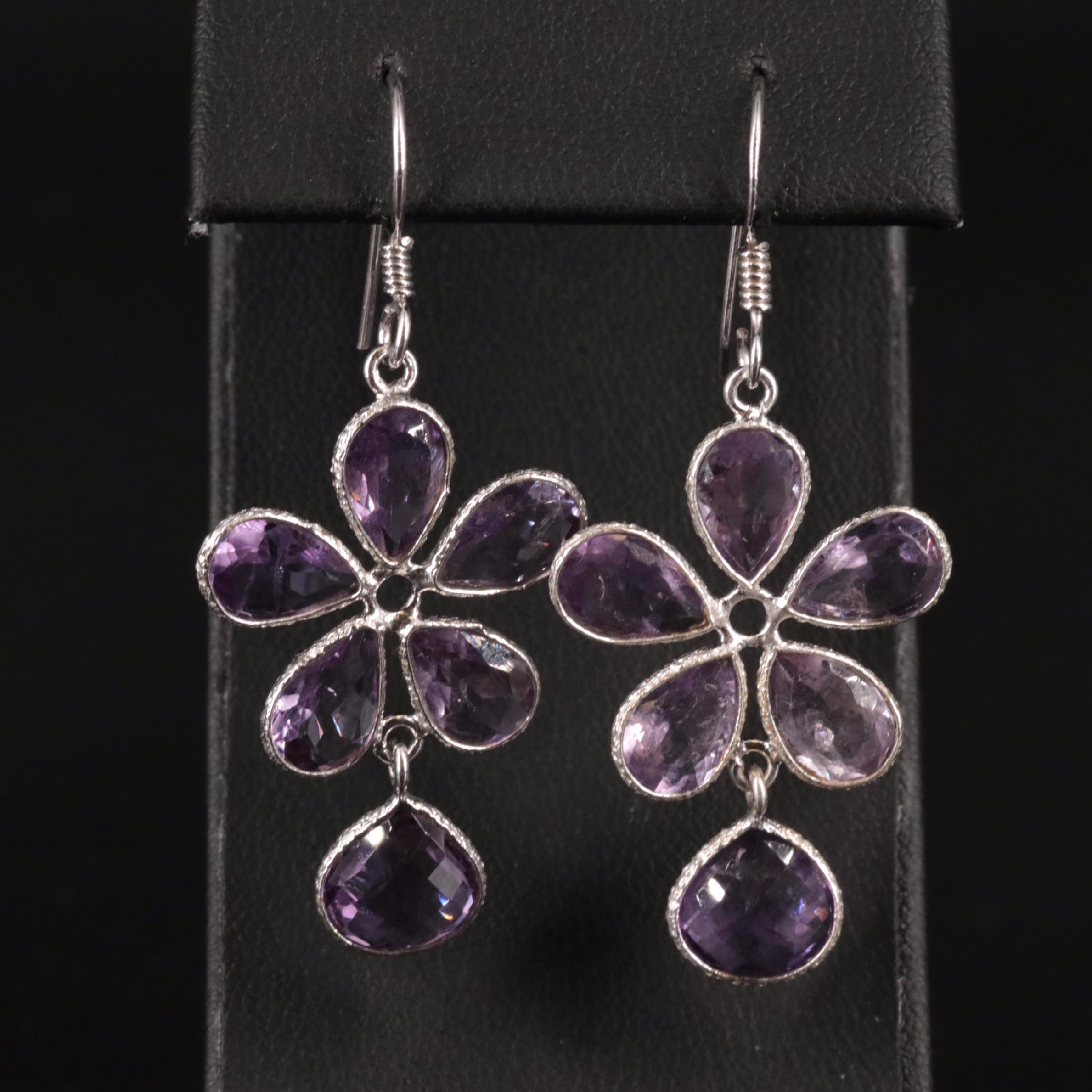 Sterling Amethyst Flower Dangle Earrings