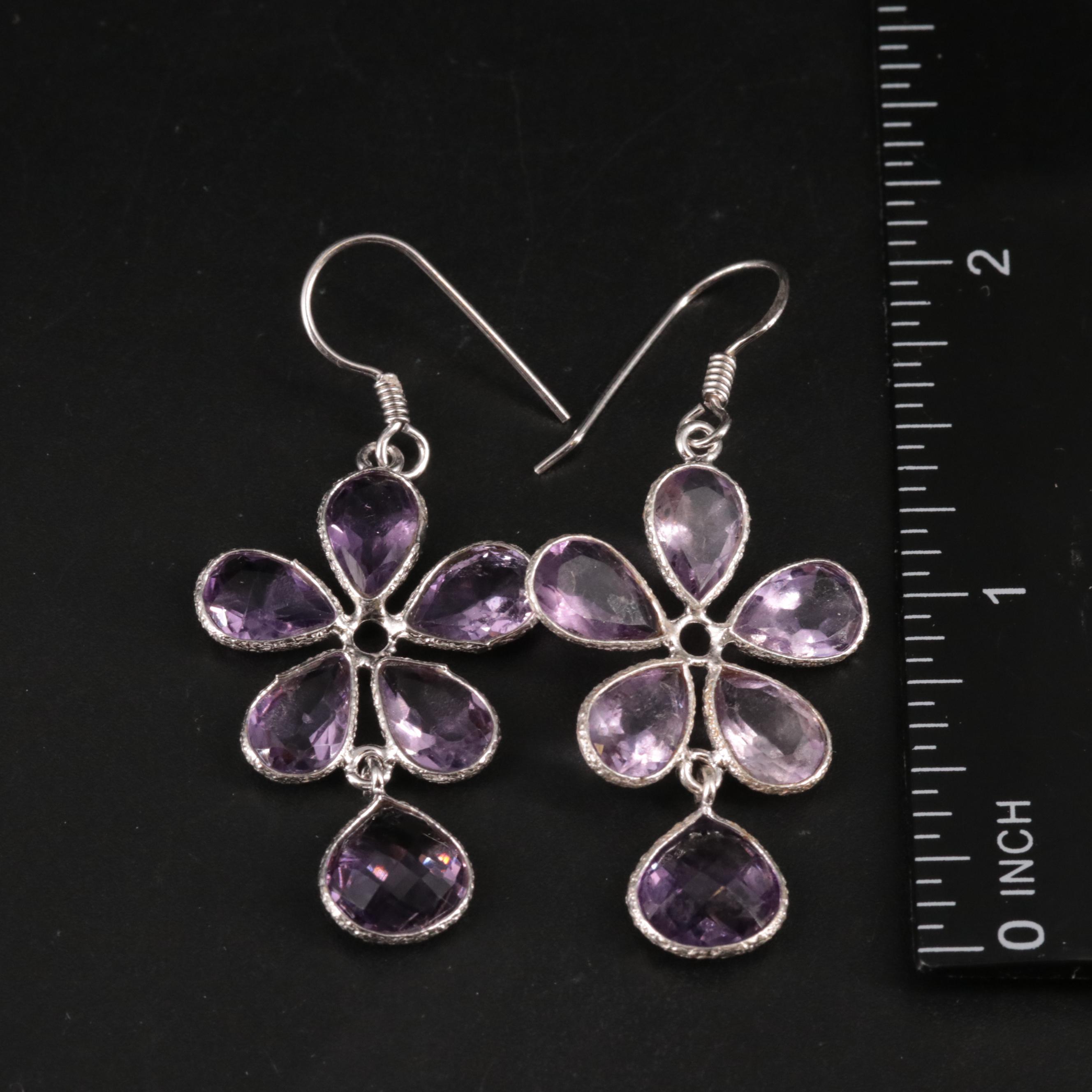 Sterling Amethyst Flower Dangle Earrings