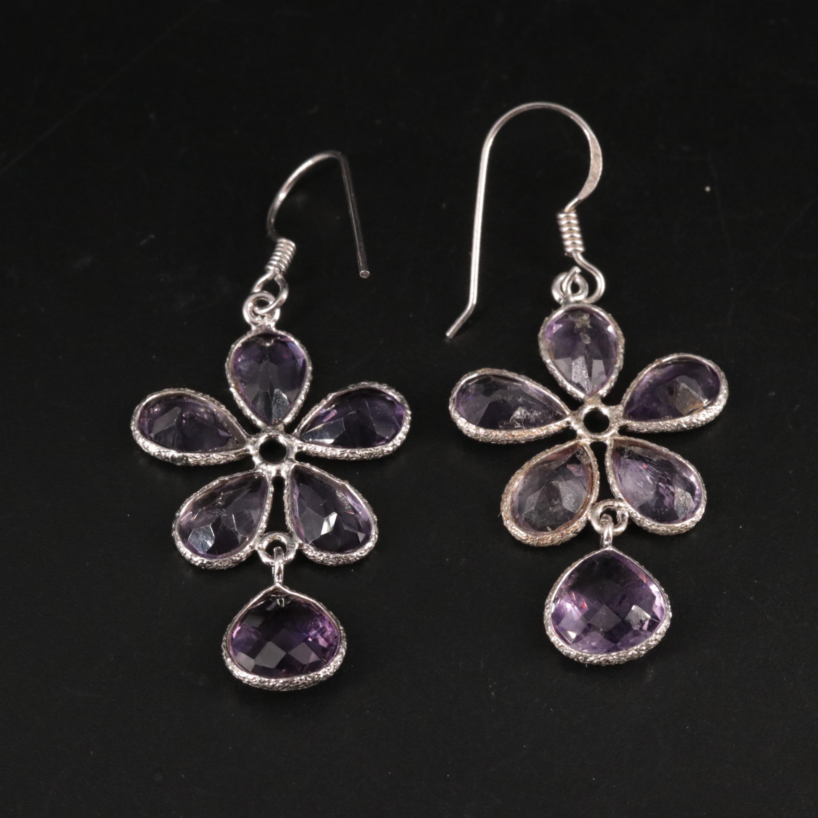 Sterling Amethyst Flower Dangle Earrings